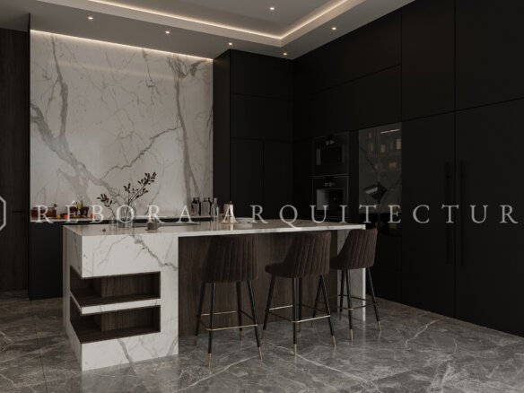 Diseño interior de cocina moderna y colorida