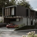 Casa moderna, coche rojo.