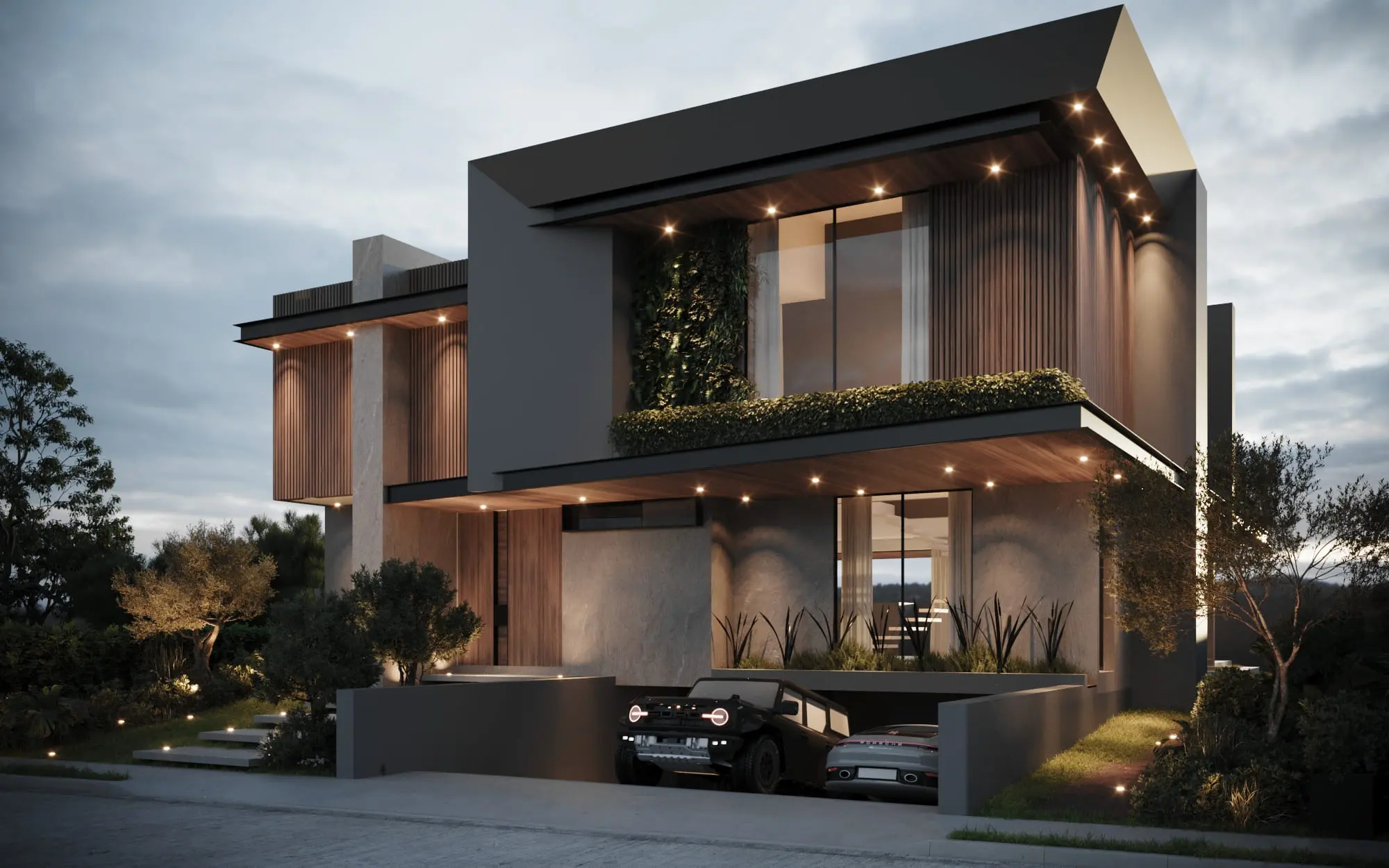 Una casa moderna de dos pisos por la noche.