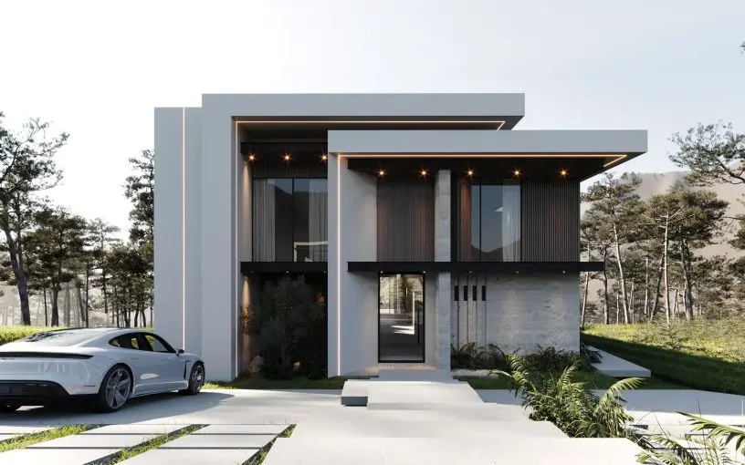 Exterior de una casa moderna de dos pisos