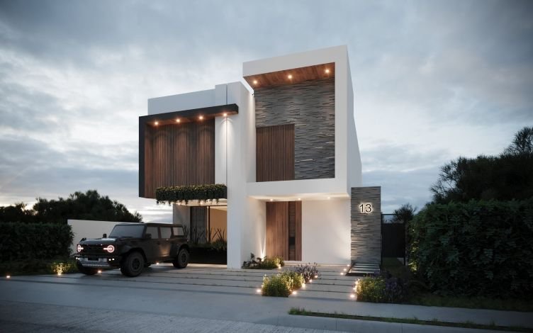 Exterior de casa moderna de dos pisos.