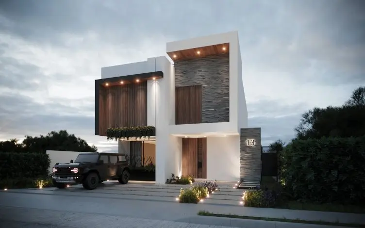 Exterior de casa moderna de dos pisos.