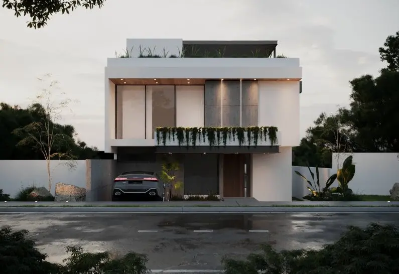 Exterior de casa blanca moderna.