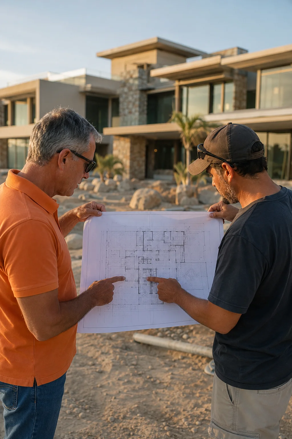 Contratista y cliente revisando planos de una casa de lujo moderna durante la construcción.