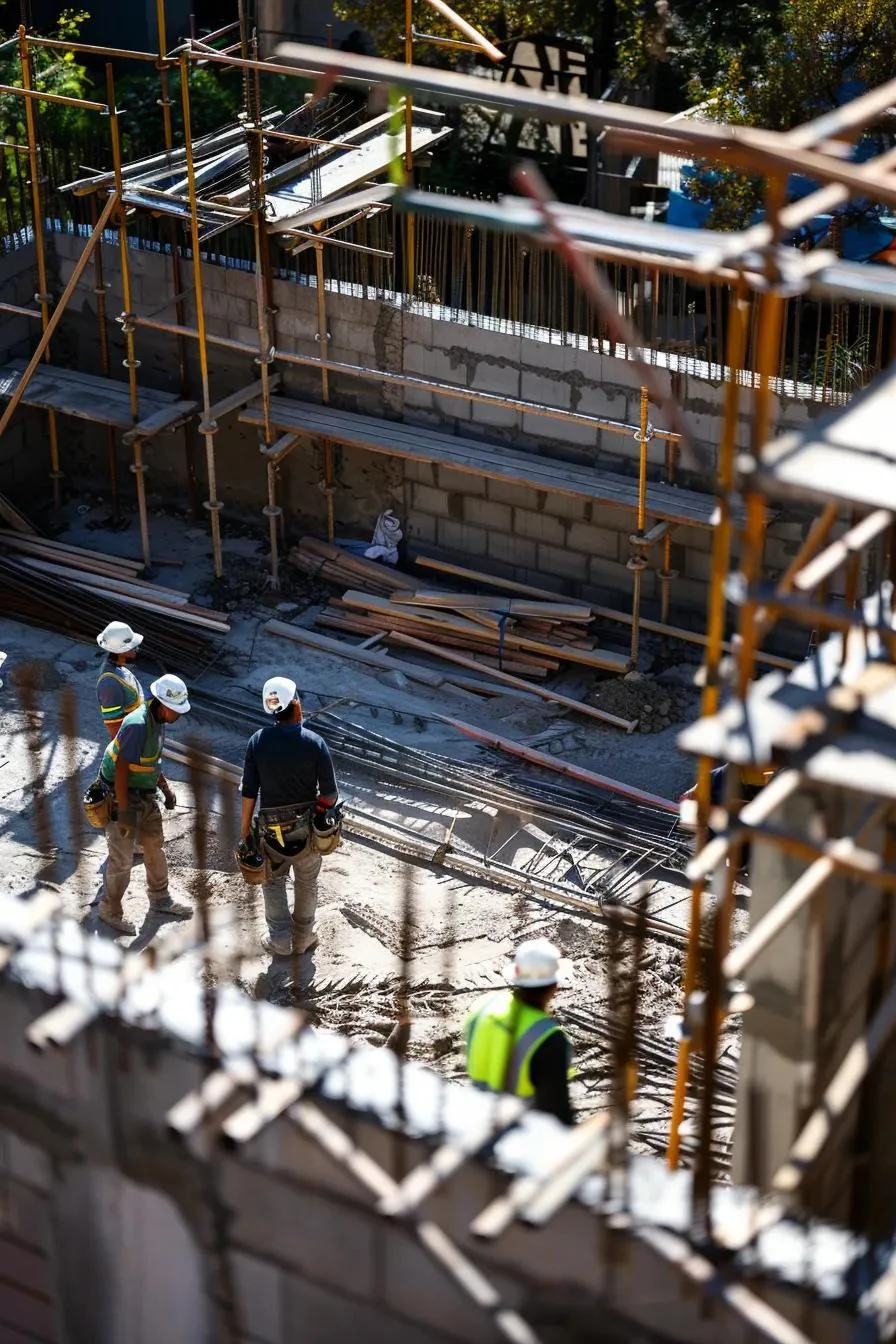 Equipo de construcción trabajando en la estructura de una vivienda de lujo con andamios y materiales de obra.
