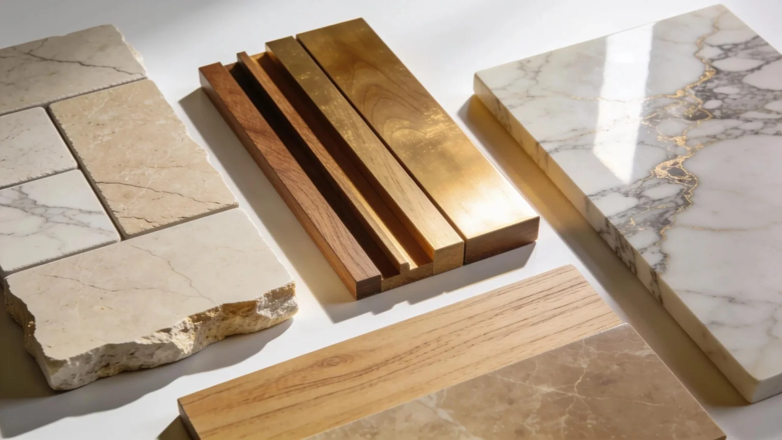 Muestras de mármol, piedra natural, madera y acabados premium para casas de lujo.