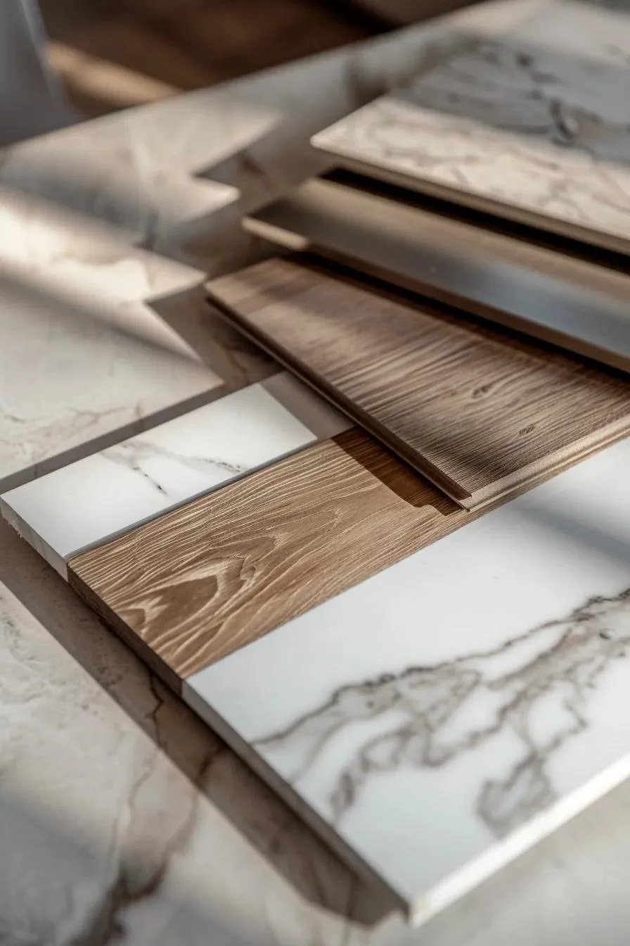 Combinación de madera, mármol y porcelanato para interiores de viviendas de lujo.