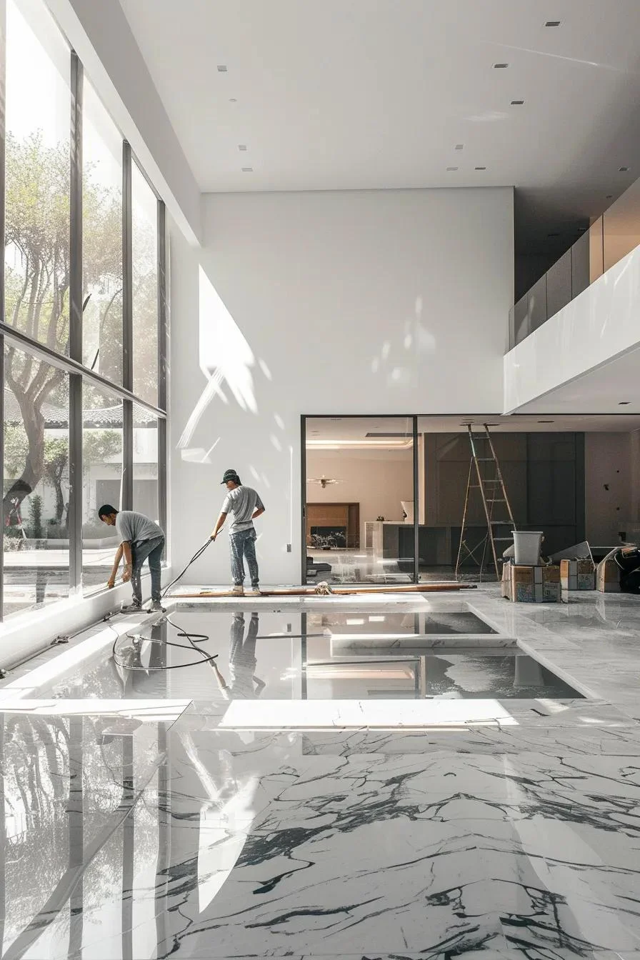 Trabajadores instalando acabados interiores en una moderna residencia de lujo con amplios ventanales.