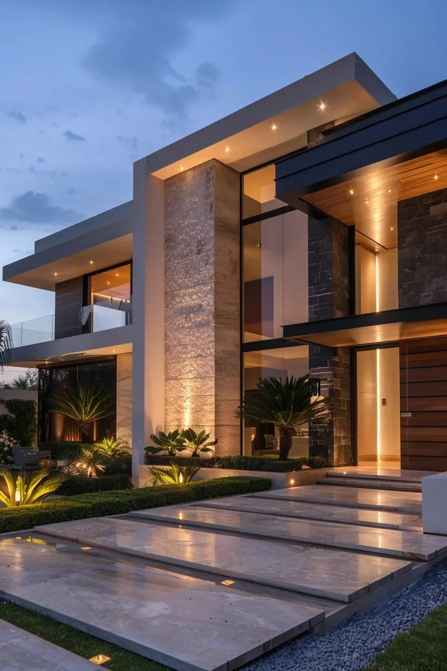 Casa moderna de lujo con fachada de piedra, iluminación exterior y diseño arquitectónico contemporáneo.