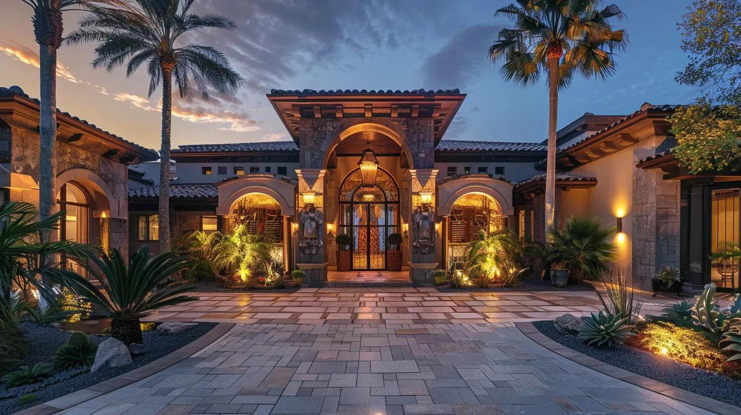 Entrada principal de una villa de lujo con iluminación cálida, jardines y arquitectura elegante al atardecer.