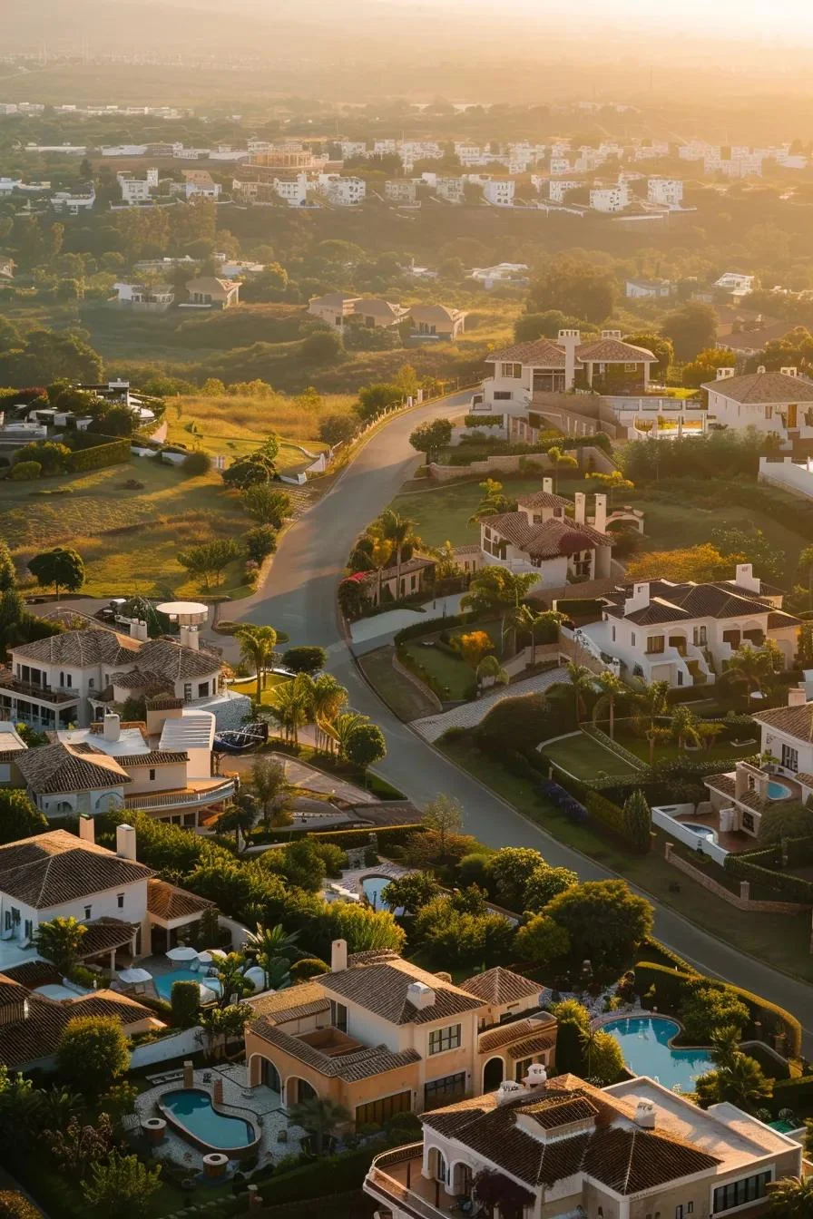 Vista aérea de un exclusivo desarrollo residencial con casas de lujo, jardines y calles arboladas al atardecer.