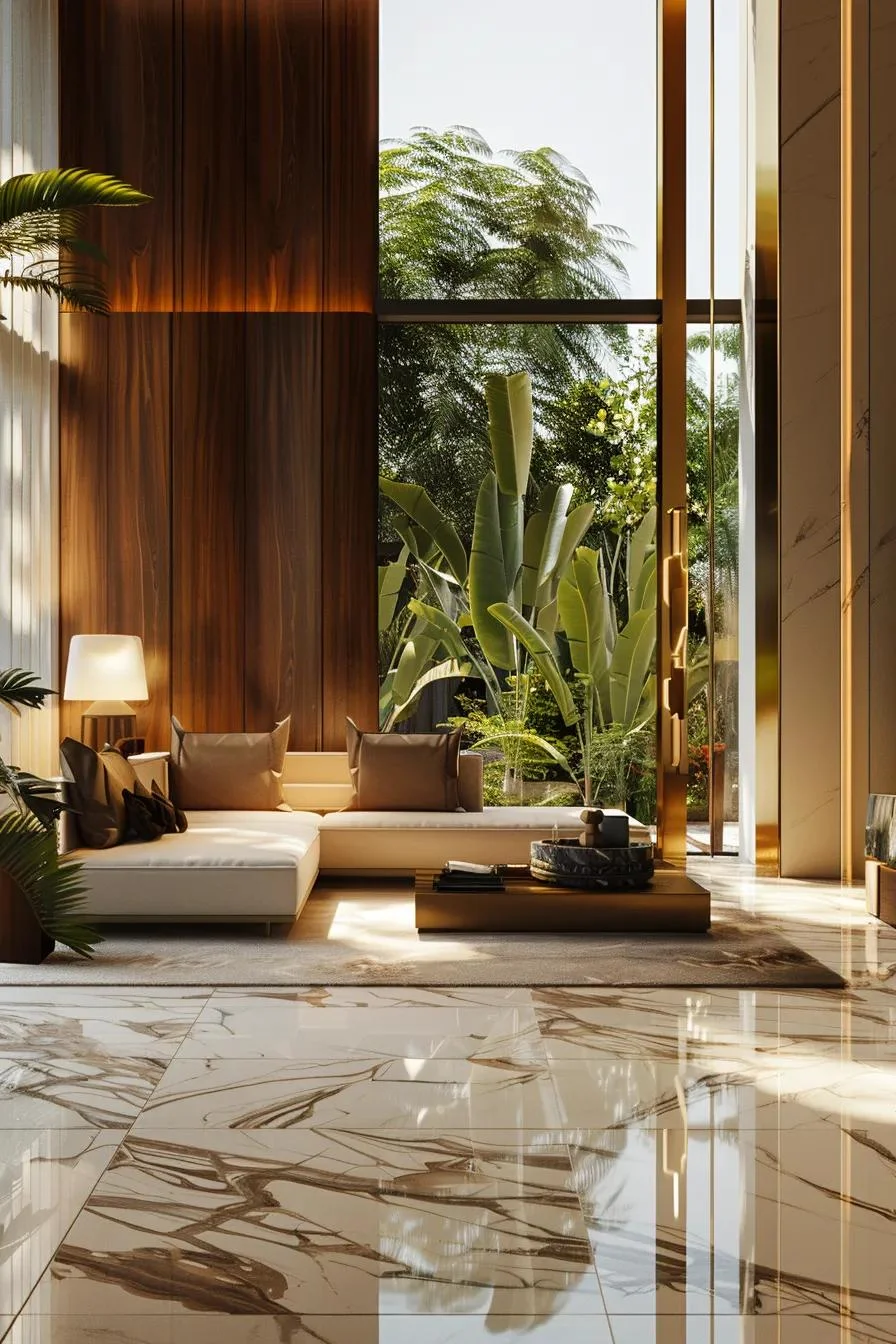 Sala de estar moderna con pisos de mármol, acabados de madera y ventanales de gran altura.