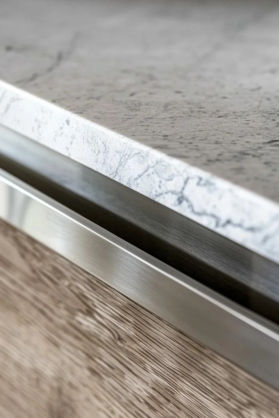 Detalle de acabados premium con encimera de piedra natural, madera y perfil metálico moderno.