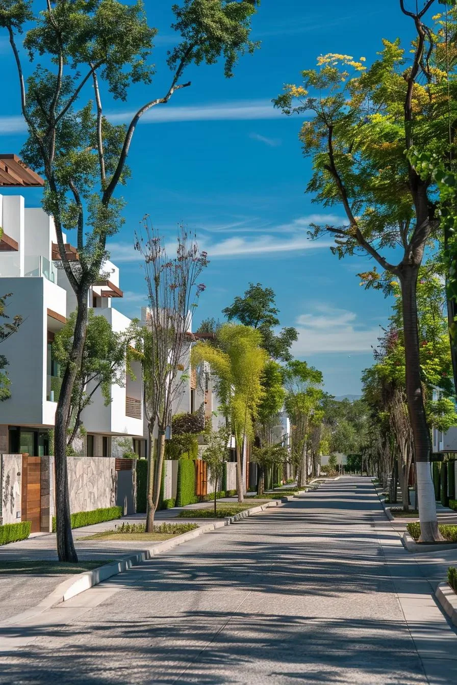 Calle arbolada en un exclusivo vecindario con modernas casas de lujo y paisajismo.