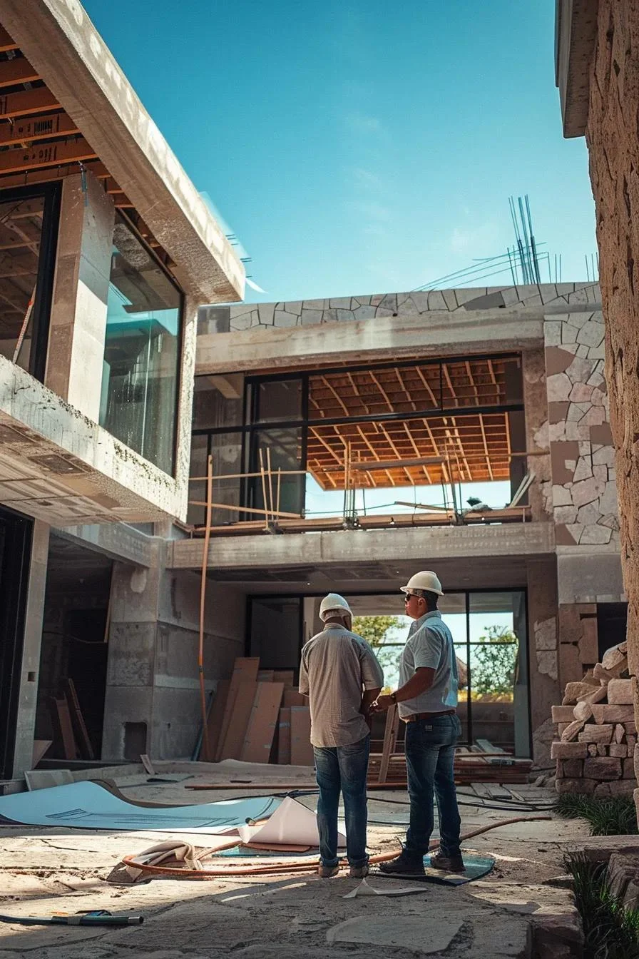Contratistas supervisando la construcción de una casa de lujo moderna en etapa de obra.