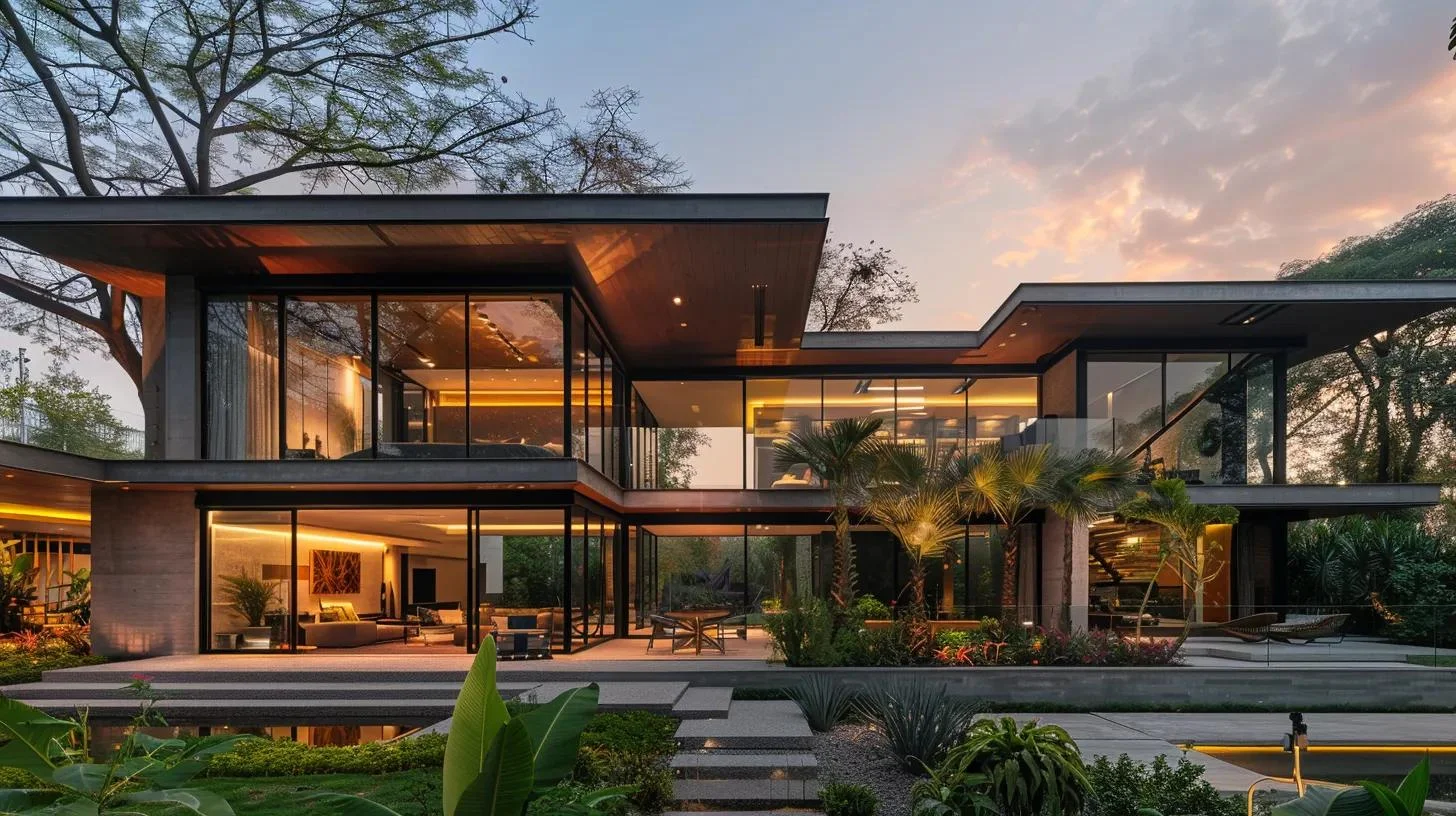 Casa moderna de lujo con amplios ventanales, iluminación arquitectónica y diseño contemporáneo.
