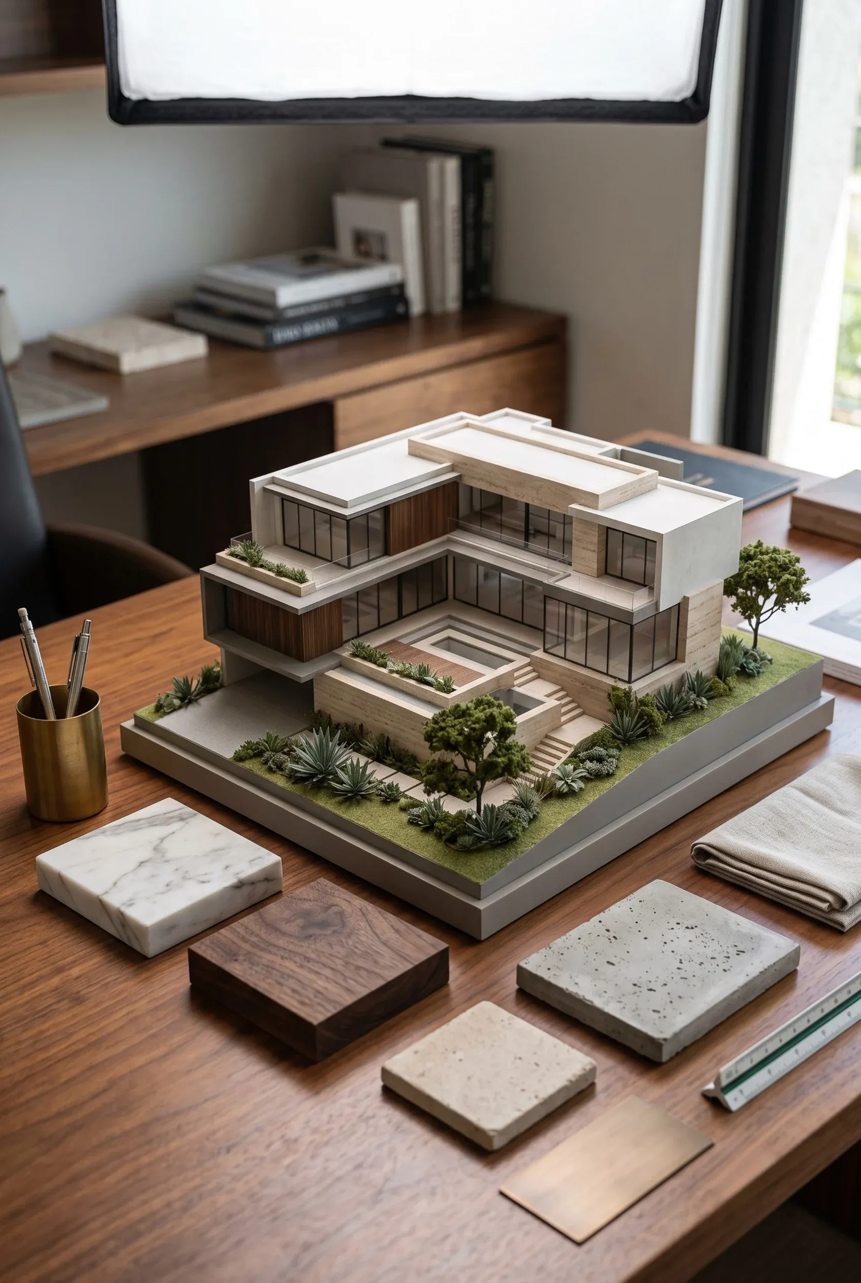 Maqueta arquitectónica detallada de una residencia de lujo moderna con jardines paisajísticos y muestras de acabados sobre un escritorio de madera, planificación de RBA Residences en Zapopan.