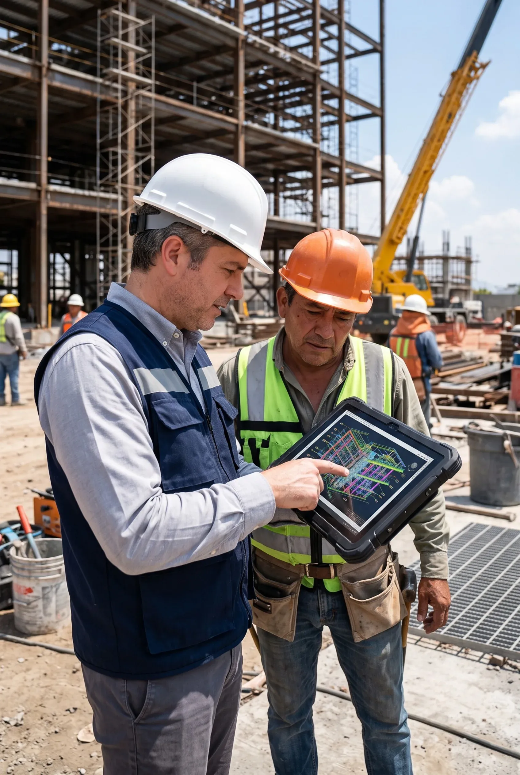 Dos profesionales de la construcción revisando detalles en un sitio de obra activo, supervisión de calidad de RBA Residences en Zapopan.