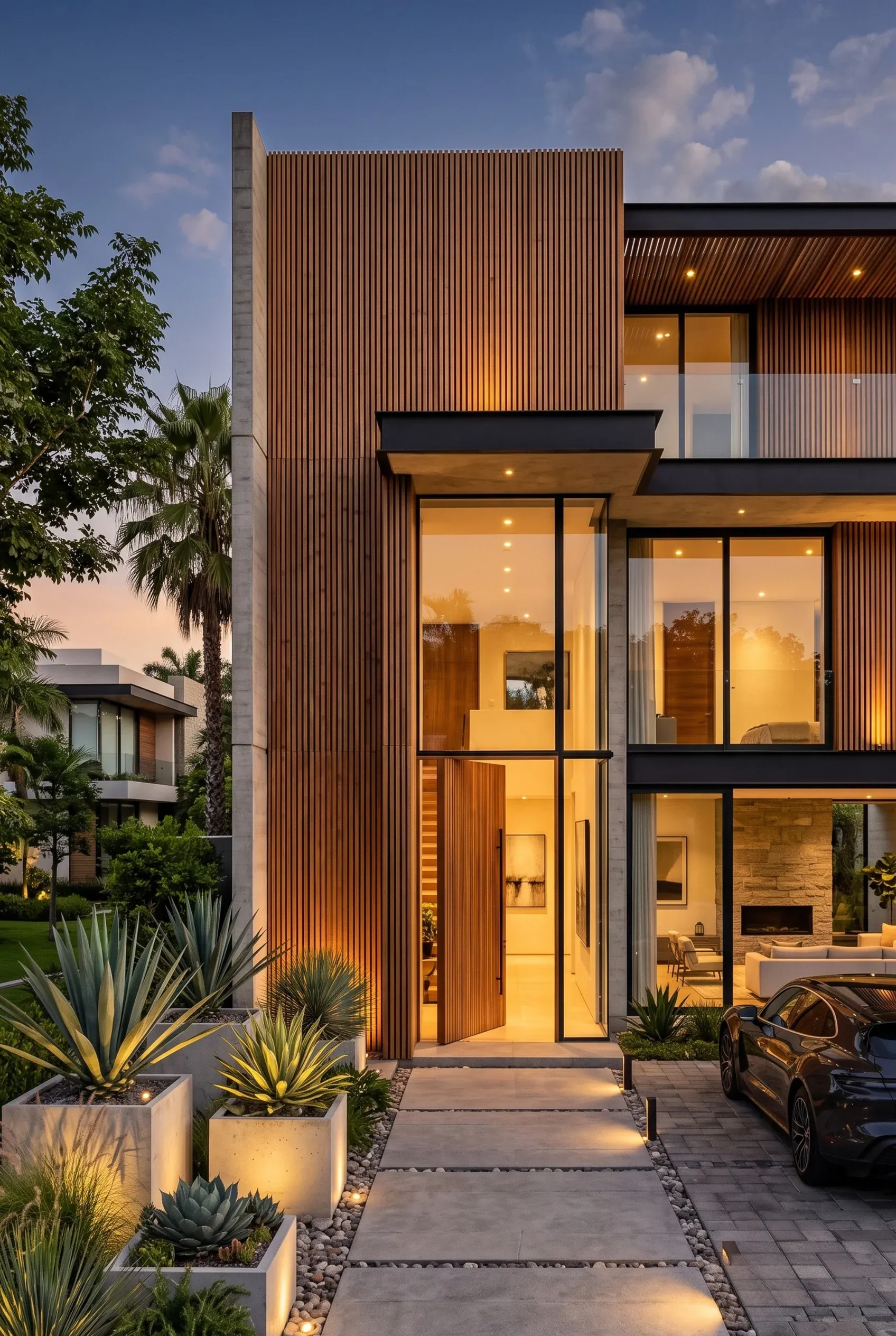 Vista exterior de una casa de lujo con auto deportivo estacionado y puerta abierta, revelando un interior ultra lujoso y amueblado, proyecto de RBA Residences en Zapopan.