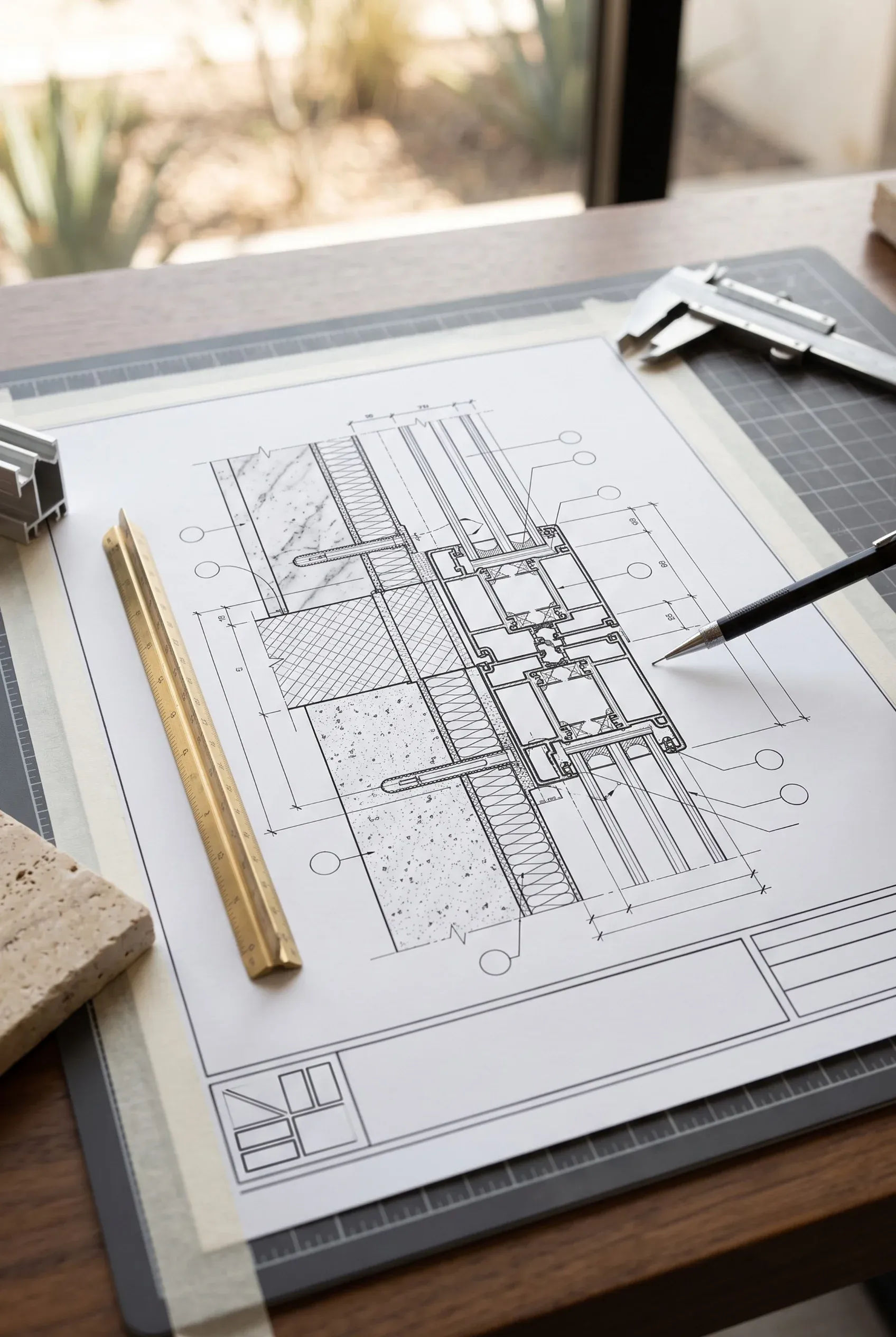 Dibujo arquitectónico técnico detallado y herramientas de medición de precisión sobre un tapete de corte, representando el rigor en el diseño de residencias de lujo por RBA Residences en Guadalajara.