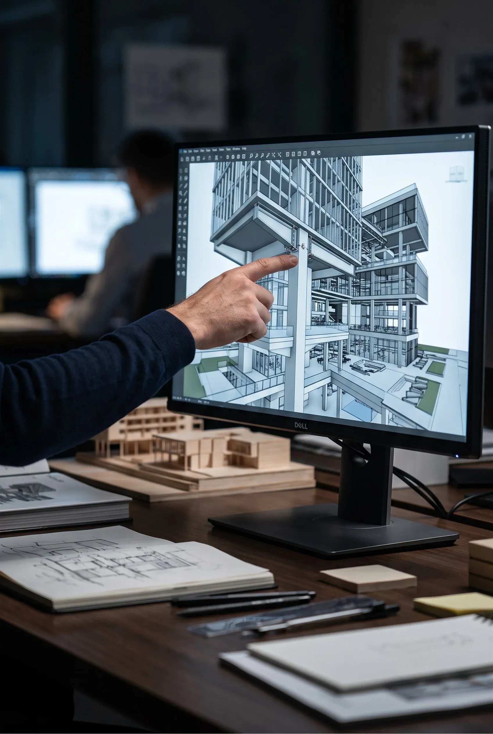 Mano señalando un modelo arquitectónico en un monitor de computadora en un espacio de diseño con planos y maquetas a escala, proyecto de RBA Residences en Zapopan.