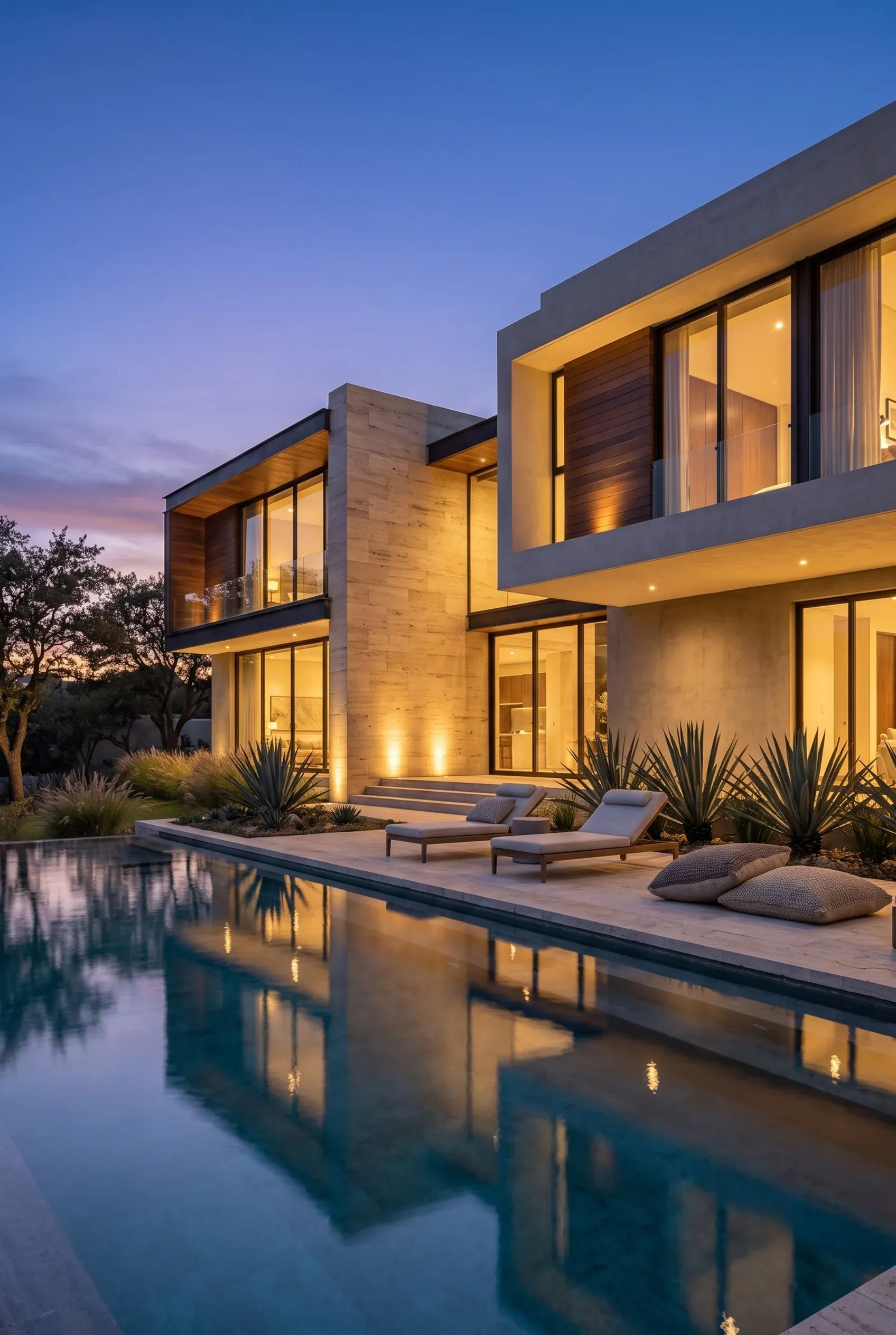Mansión moderna de lujo al atardecer con piscina y patio exterior meticulosamente iluminados, diseño arquitectónico y de iluminación de RBA Residences en Zapopan.