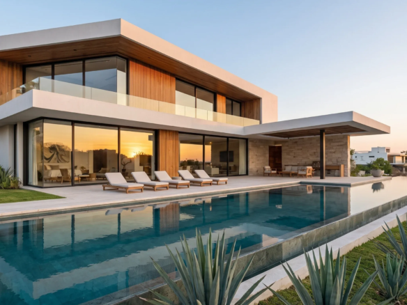 Fachada de una casa de lujo moderna al atardecer con piscina infinita, tumbonas, revestimiento de madera y grandes ventanales de cristal, diseño exclusivo de RBA Residences en Zapopan.