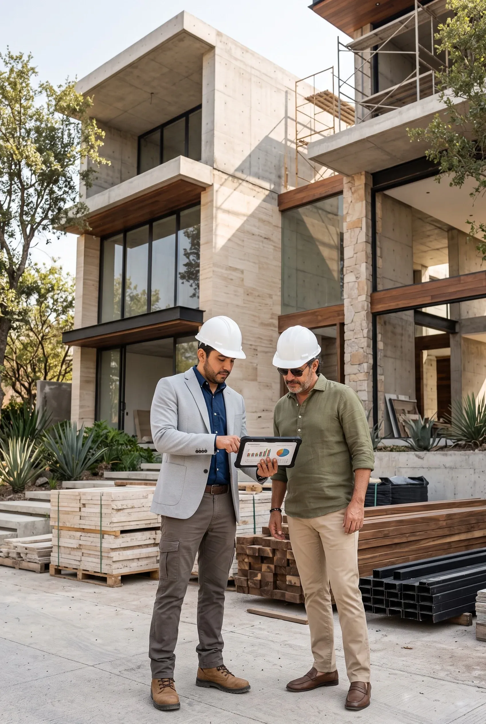 Ingenieros de RBA Residences revisando datos de avance y control de calidad en una tablet directamente en el sitio de construcción de una residencia de lujo en Zapopan.