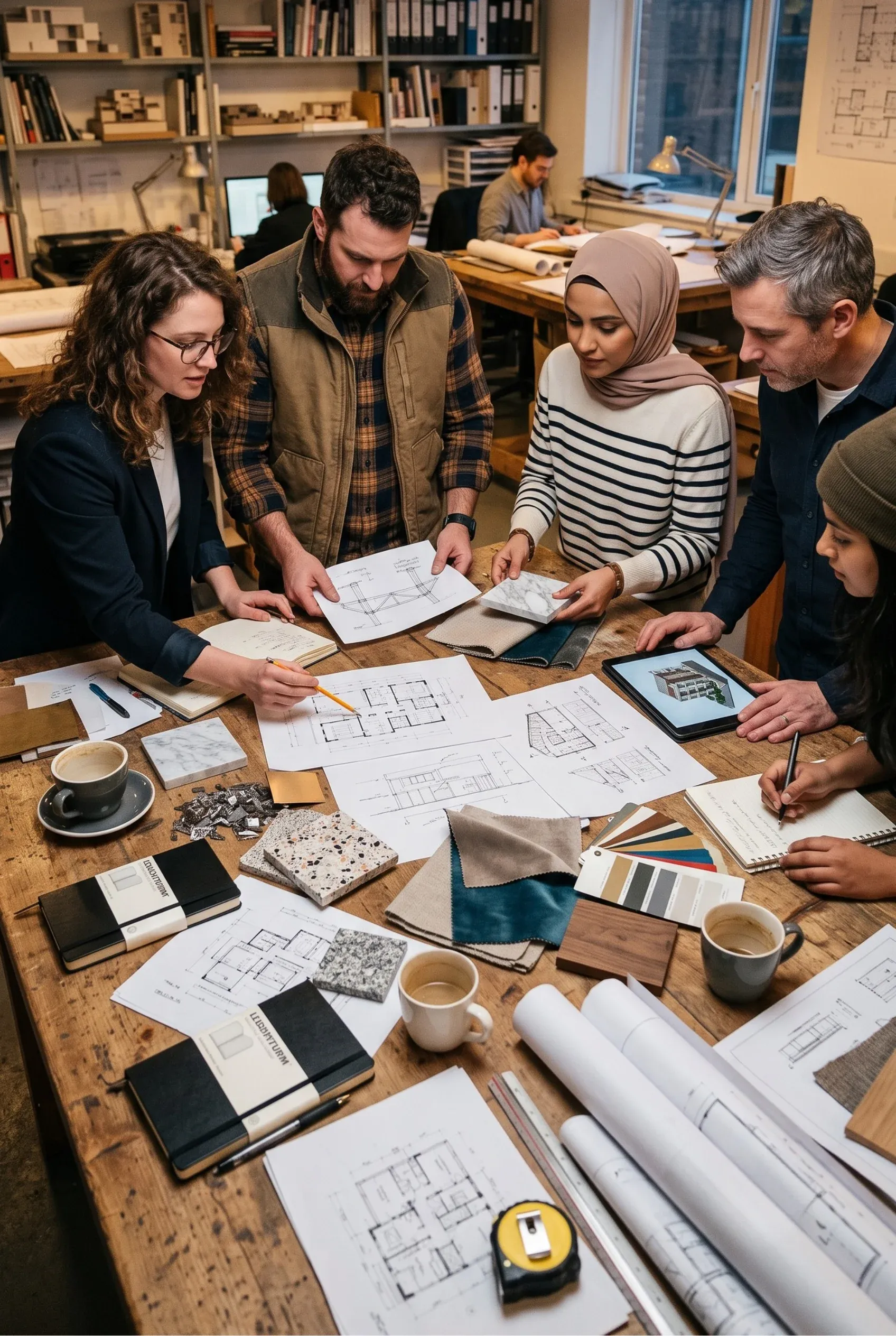 Equipo senior de RBA Residences y cliente revisando un mapa y muestras de materiales como mármol y madera con tazas de té en la mesa de la oficina, planificando el diseño de residencias de lujo en Zapopan.