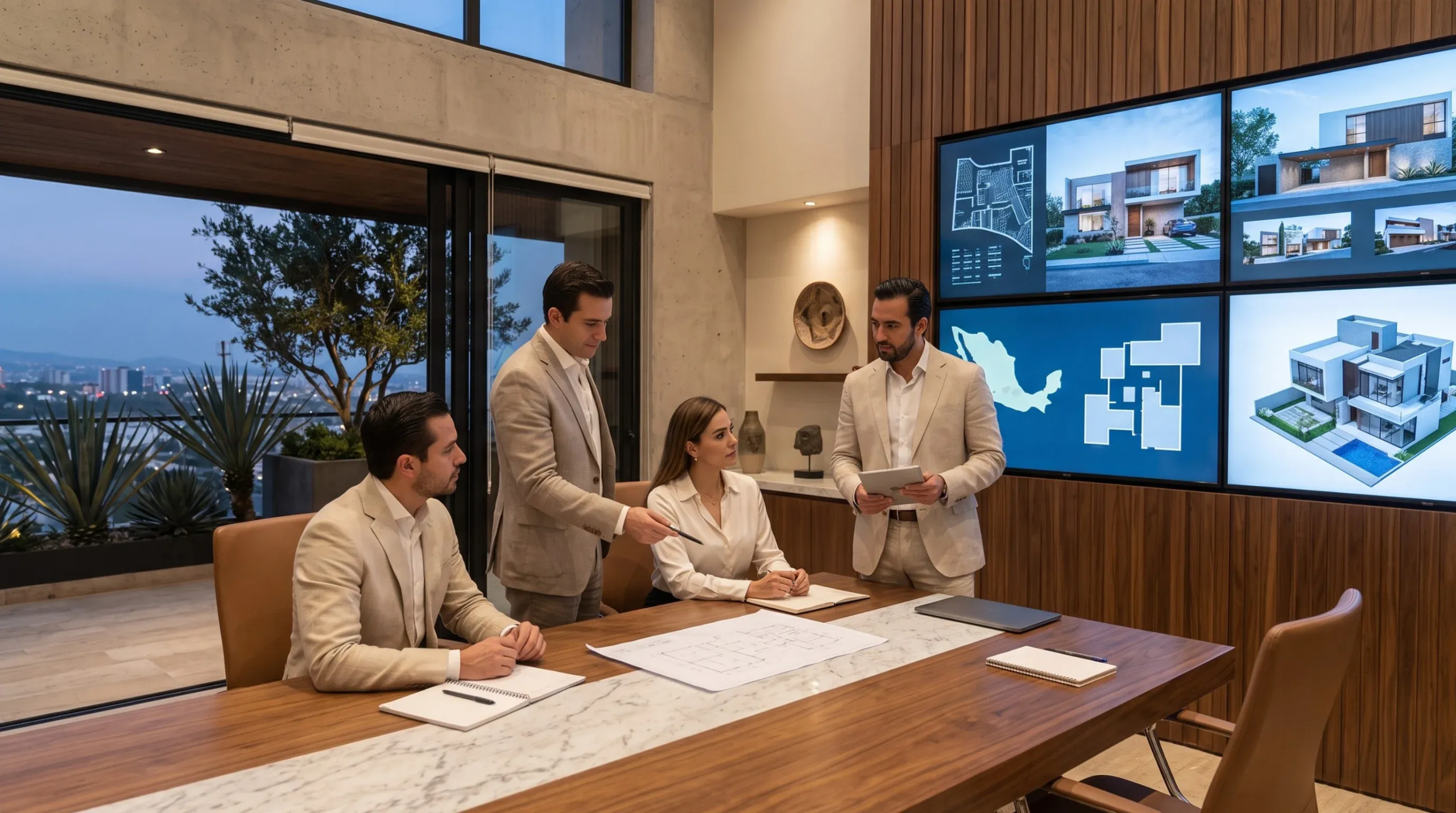 Reunión de presentación inmobiliaria en una oficina de piso alto con renderizados de proyecto en una pantalla de video montada en la pared, consultoría de residencias de lujo por RBA Residences en Guadalajara.