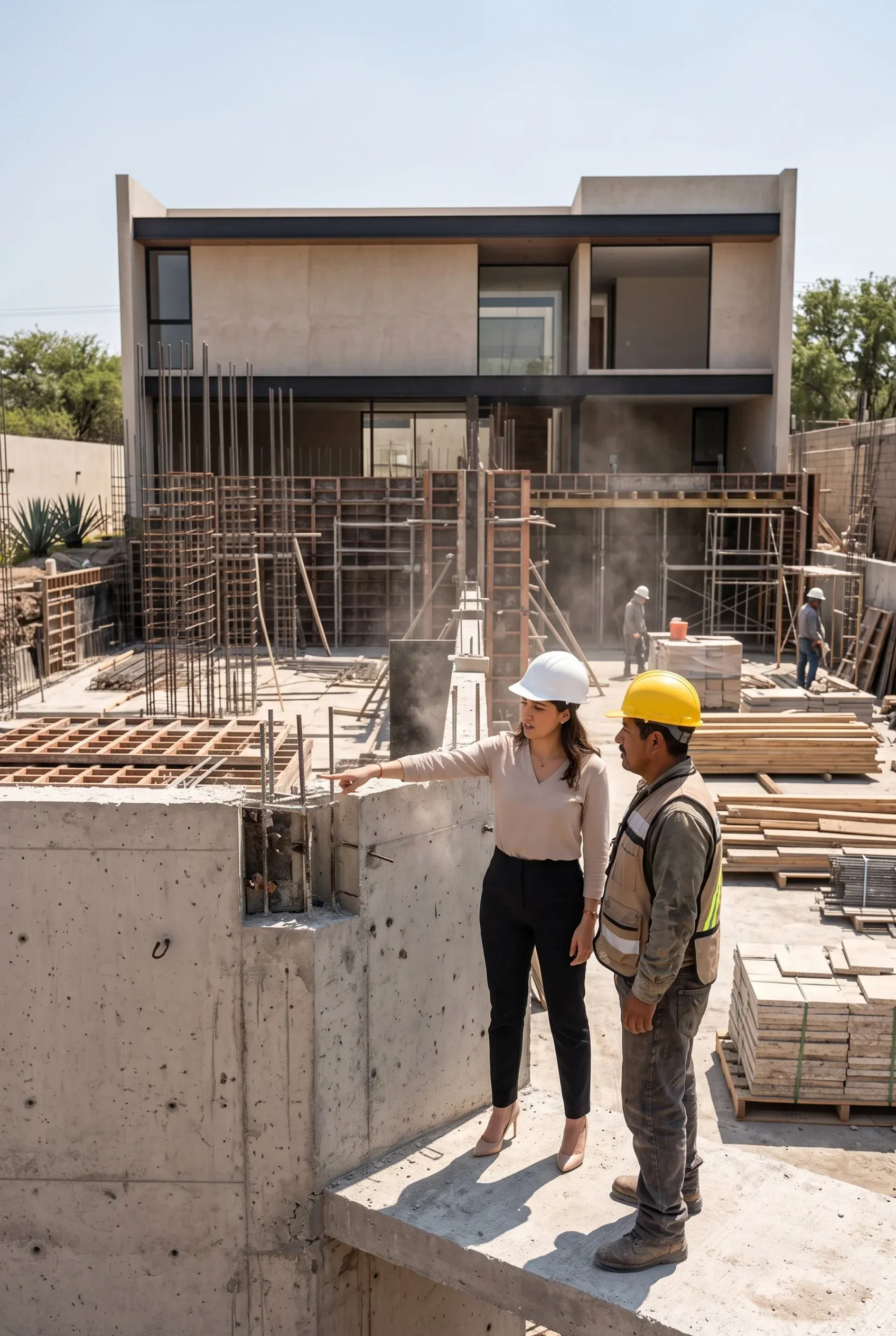 Ingeniero de RBA Residences guiando y supervisando a un trabajador de la construcción en el sitio de una residencia de lujo moderna en Zapopan, garantizando la ejecución técnica precisa.