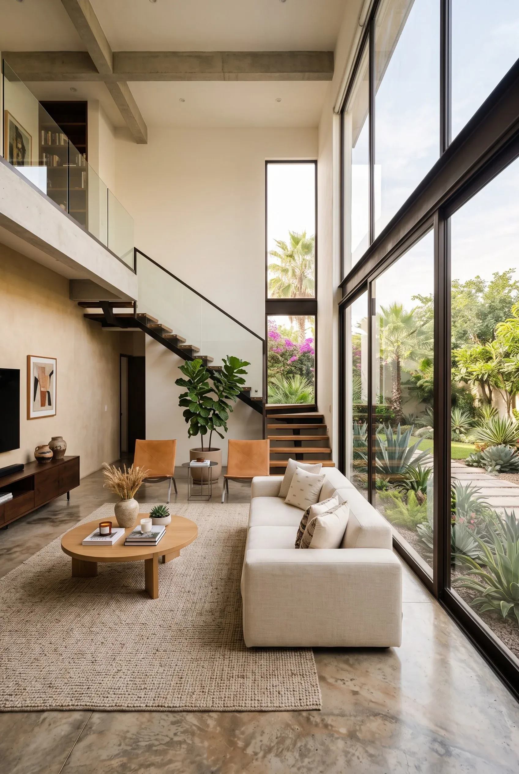Sala de estar moderna de doble altura con ventanales de piso a techo y una escalera flotante escultural que conduce a un entrepiso, diseño de interiores de RBA Residences en Zapopan.