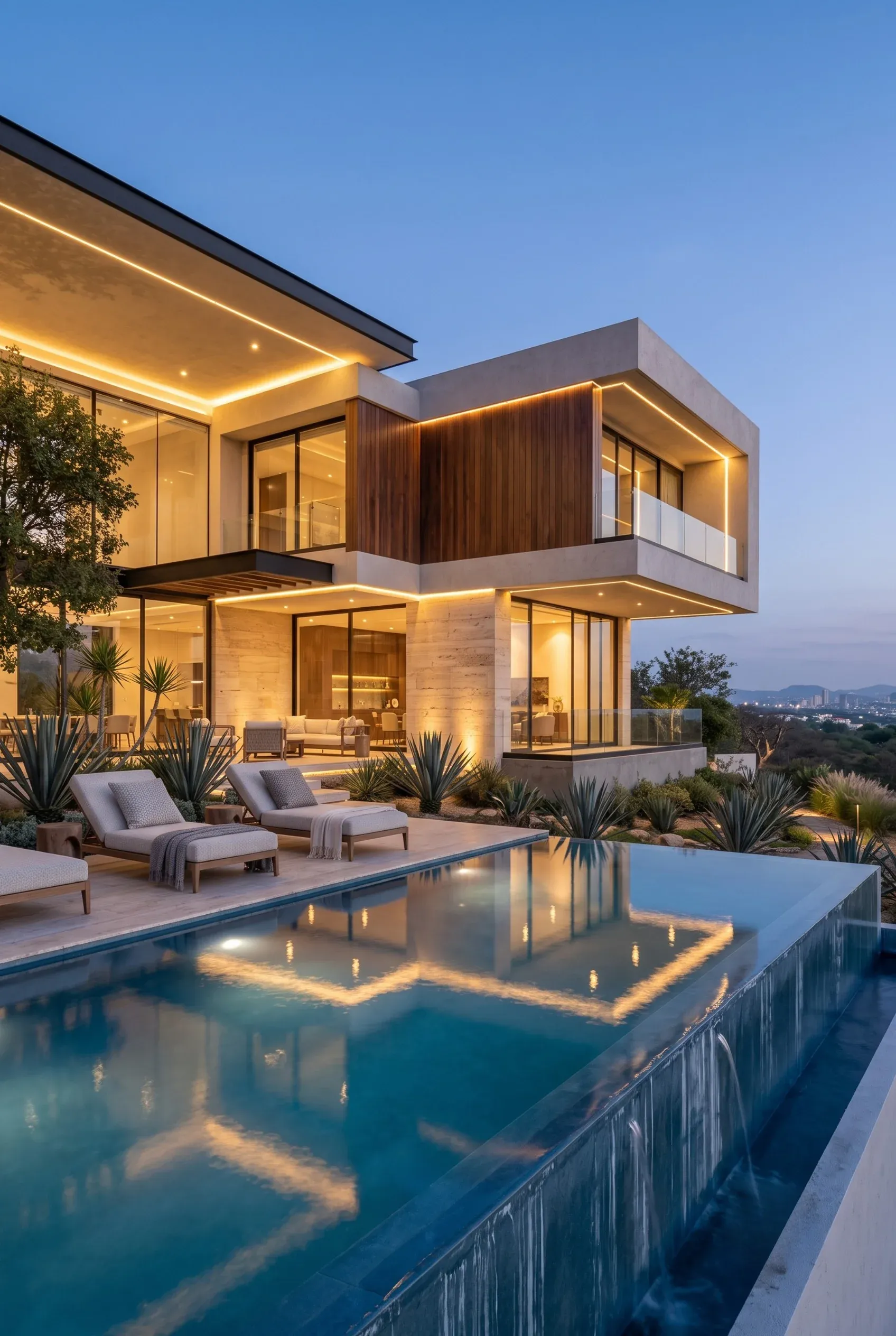 Vista exterior al atardecer de una casa moderna de lujo con piscina infinita, tumbonas e iluminación arquitectónica cálida, diseño de exteriores de RBA Residences en Zapopan.