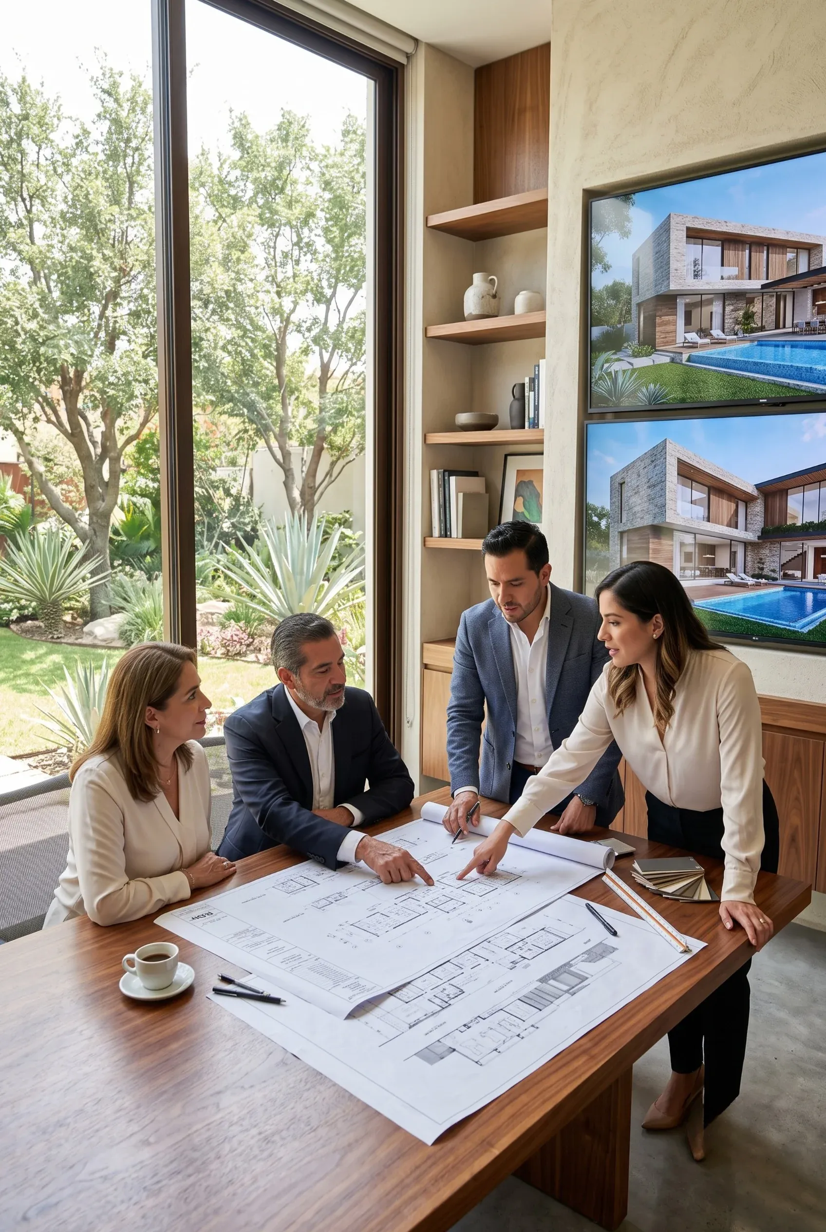 Equipo de arquitectura de RBA Residences presentando planos de planta y renderizados digitales a clientes en una sala de juntas moderna, proceso de diseño de residencias de lujo en Guadalajara.