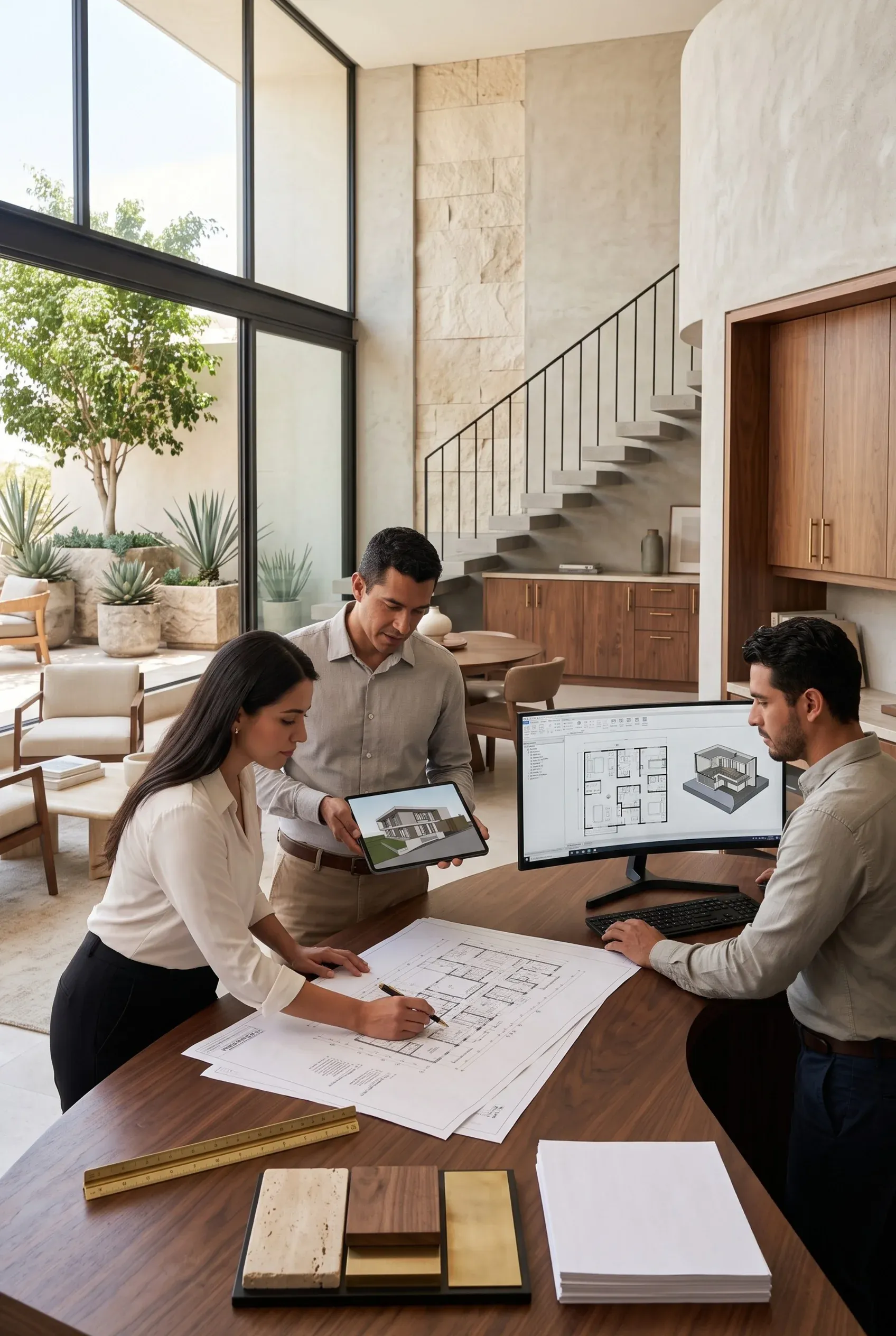 Equipo de diseño de RBA Residences revisando modelos 3D y muestras de materiales en una oficina moderna, planificando la curaduría de acabados para residencias de lujo en Zapopan.