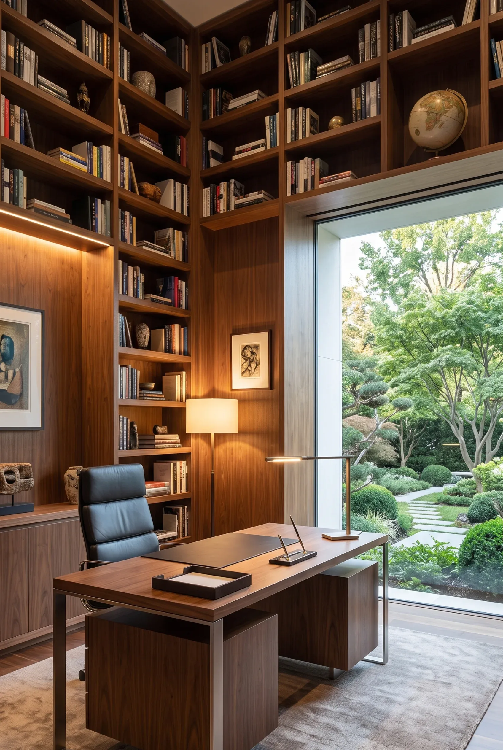 Oficina en casa moderna con libreros de madera de piso a techo, escritorio ejecutivo y vista a un jardín paisajístico, diseño de RBA Residences en Zapopan.