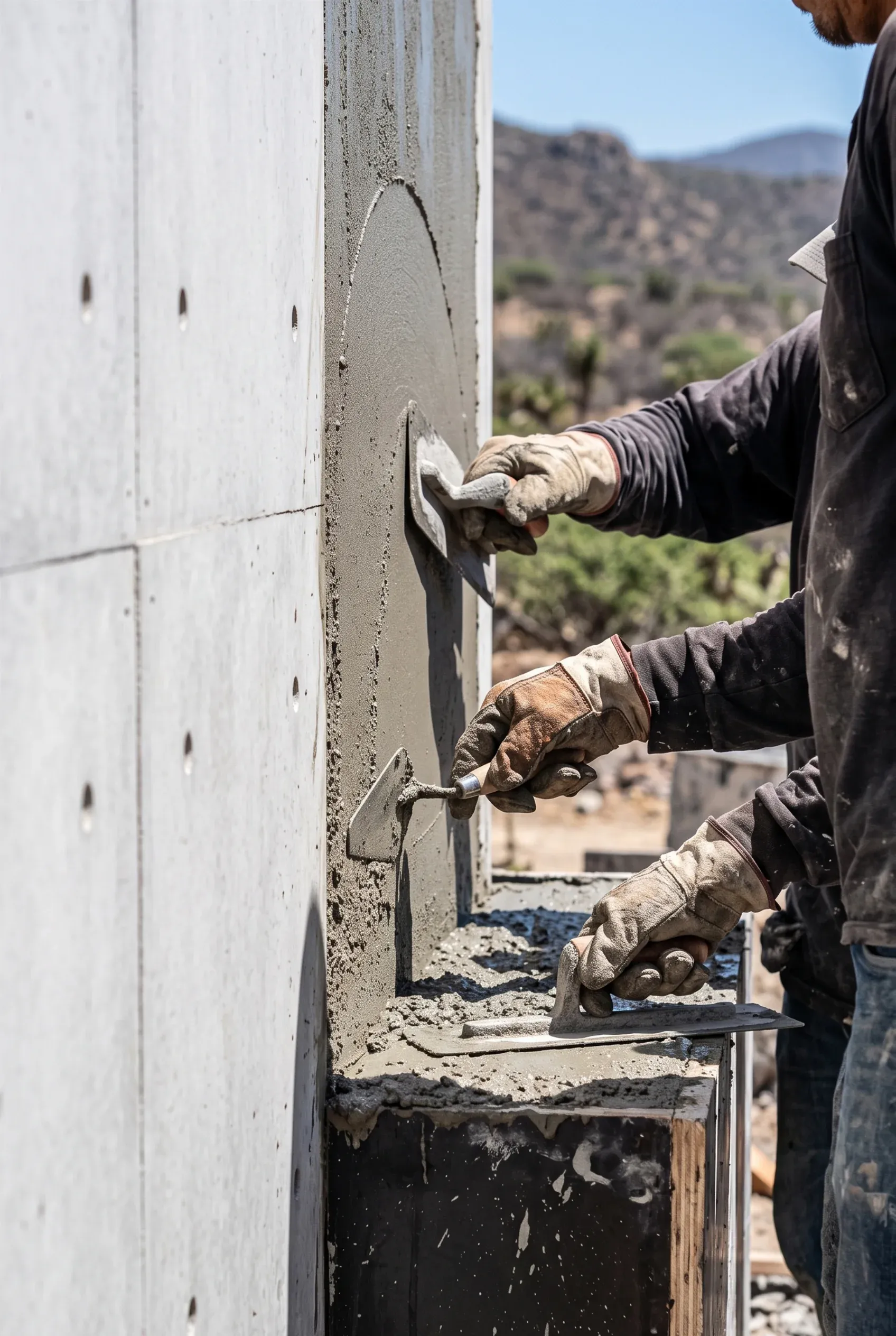 Primer plano de trabajadores aplicando revestimiento de cemento con llana en un muro de concreto, construcción de residencias de lujo por RBA Residences en Zapopan.