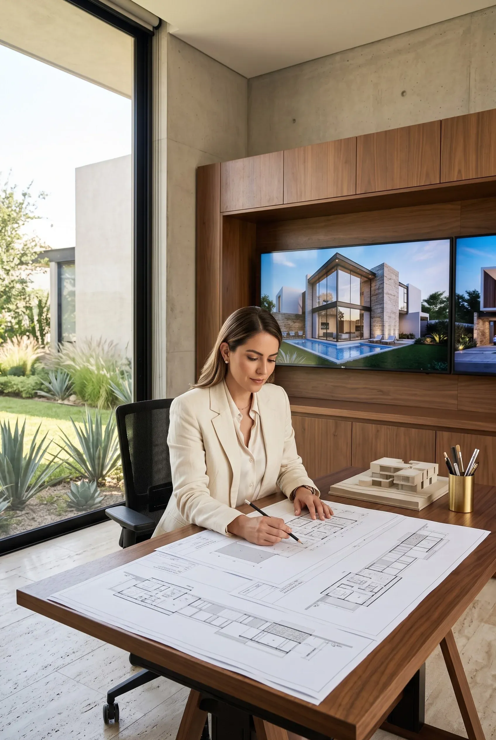Arquitecto de RBA Residences dibujando planos de planta en un escritorio, representando el diseño personalizado y la atención al detalle en la creación de residencias de lujo en Guadalajara.