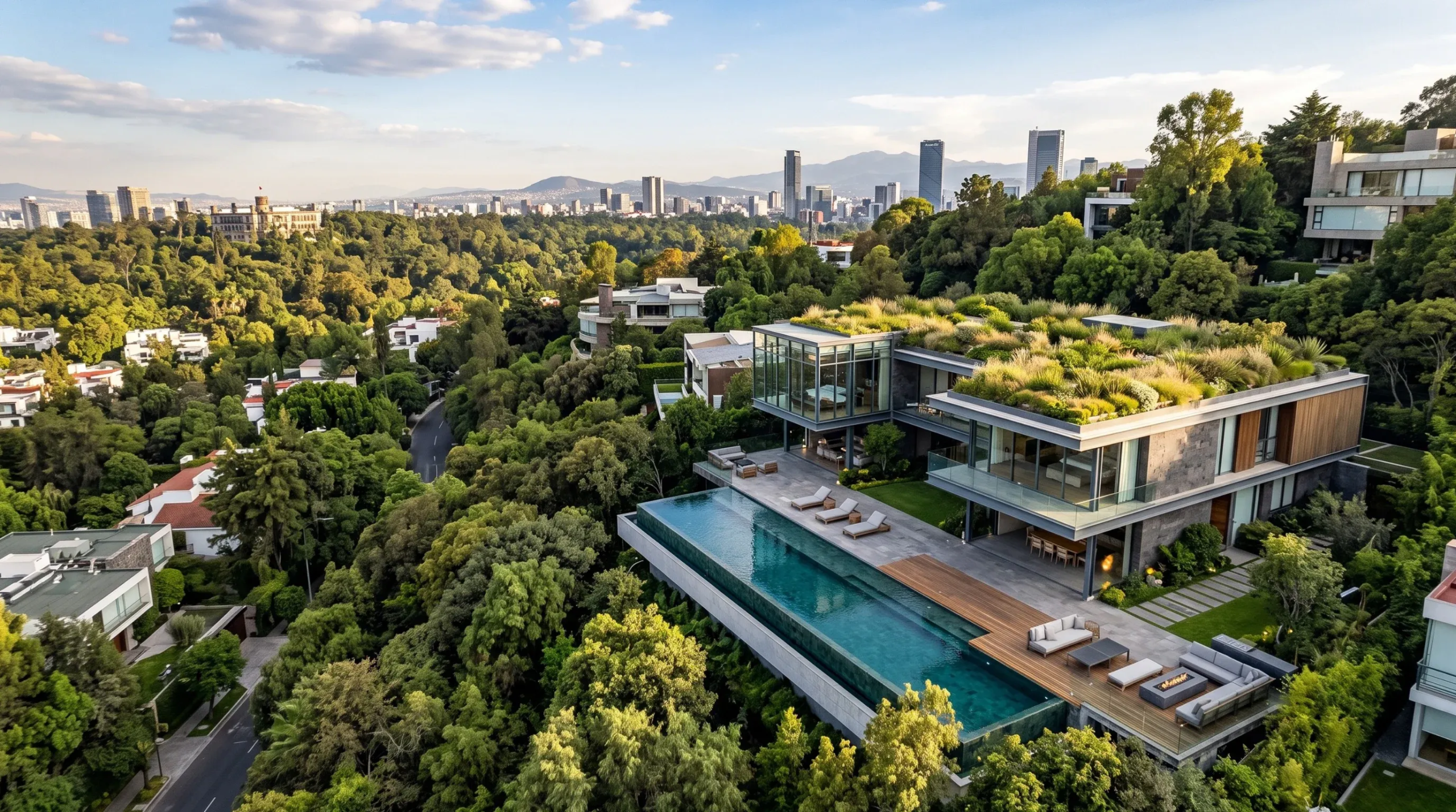 Vista aérea de una mansión moderna de lujo con techo verde y piscina infinita, rodeada de bosque con vista a la ciudad, diseño de RBA Residences en Zapopan.