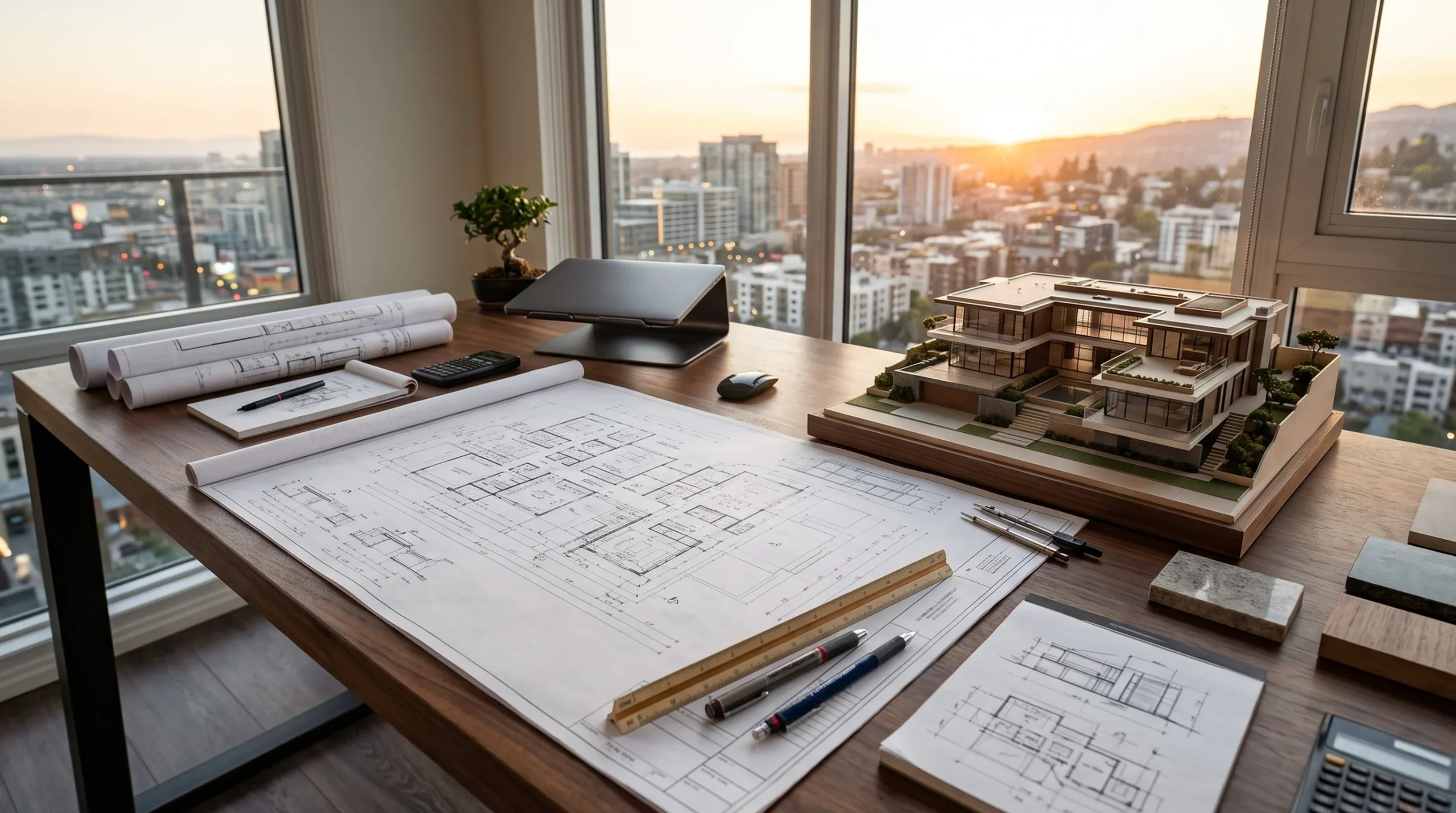 Planos arquitectónicos, herramientas de dibujo y una maqueta a escala sobre un escritorio de oficina con vista panorámica a la ciudad, diseño estratégico de residencias de lujo por RBA Residences en Guadalajara.