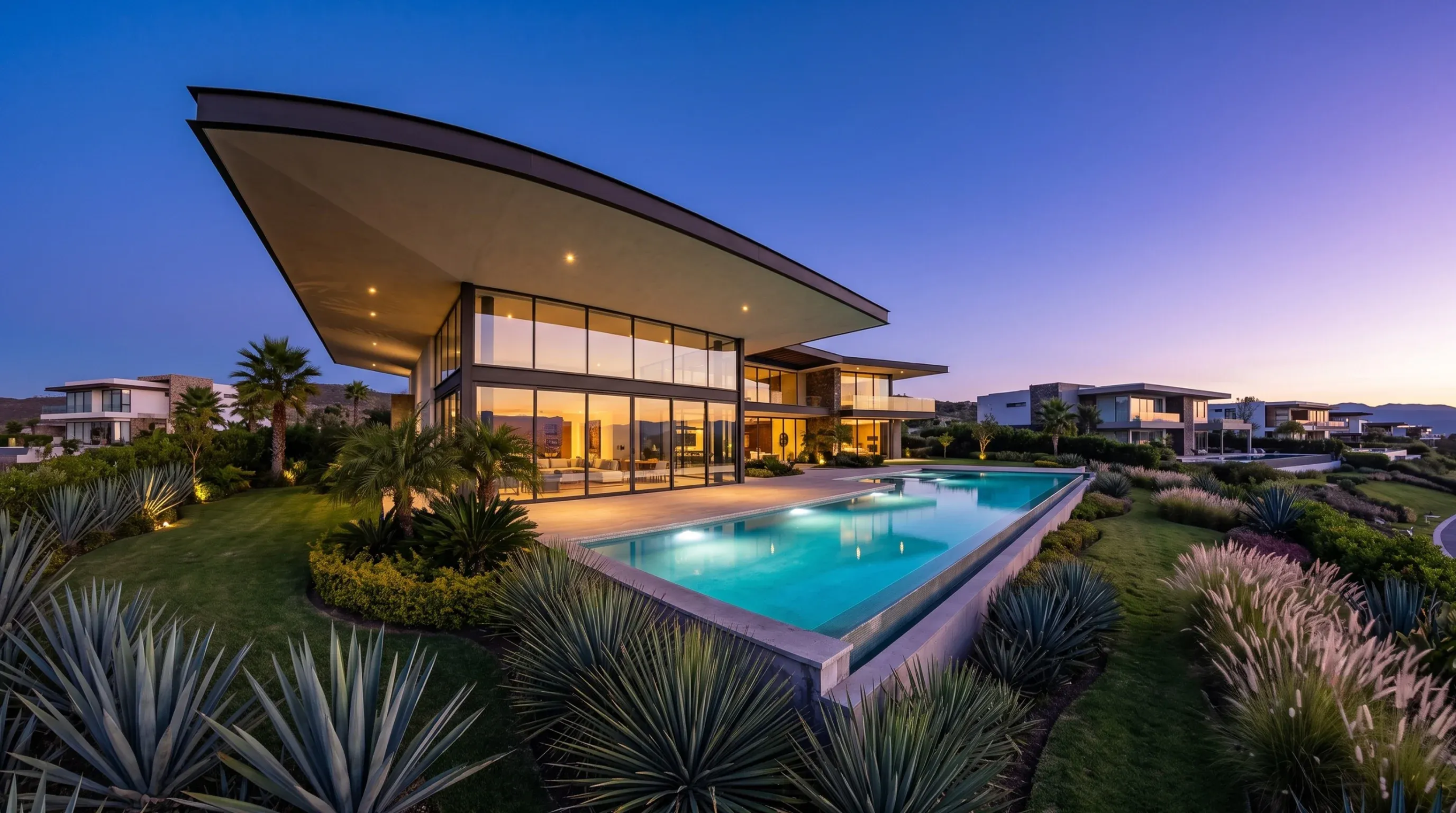 Vista al atardecer de una casa de lujo con techo voladizo, muros de vidrio de piso a techo y piscina iluminada, diseño de RBA Residences en Zapopan.