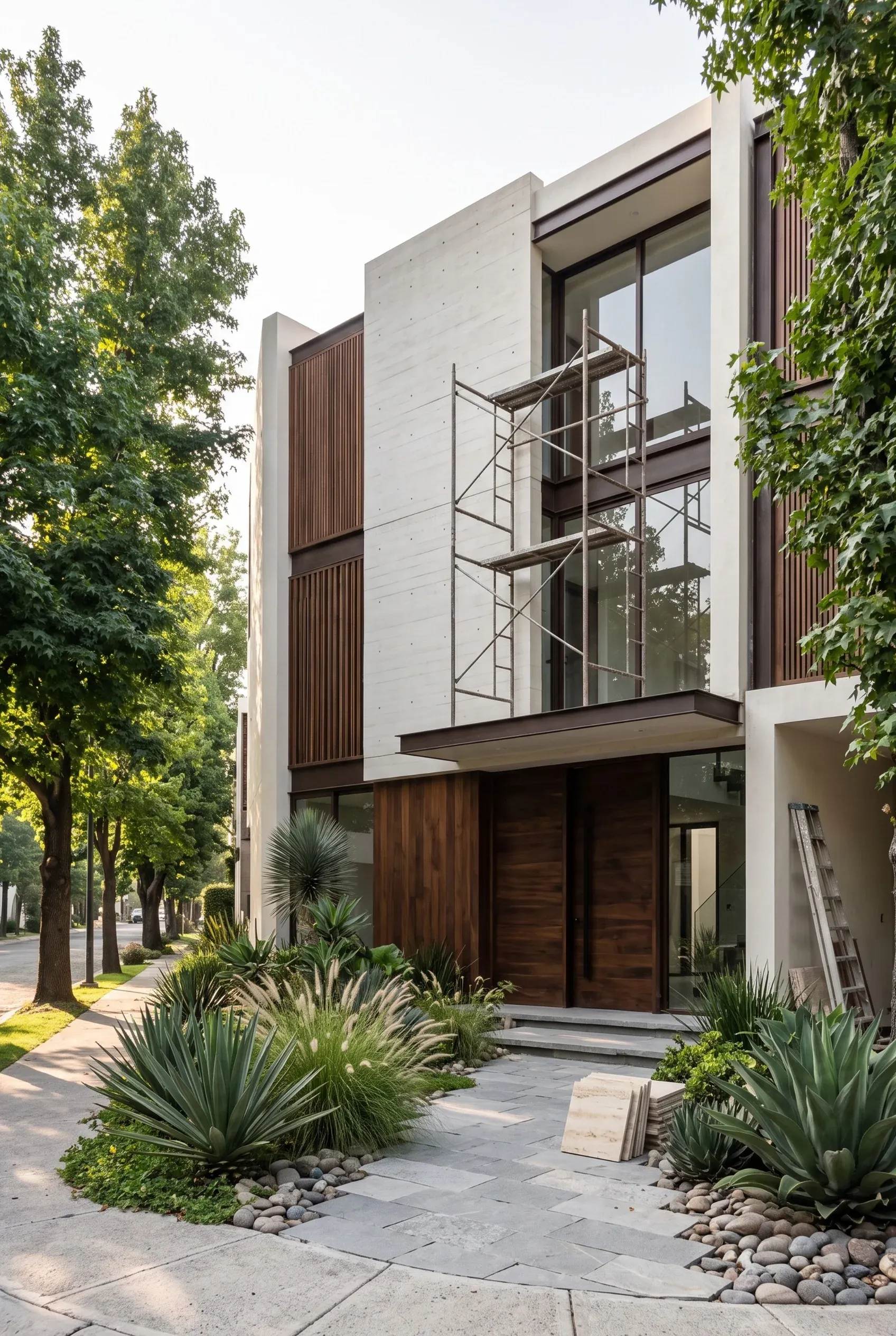 Fachada de edificio moderno en construcción con andamios y entrada con paisajismo cuidado, demostrando la gestión de obra ordenada de residencias de lujo por RBA Residences en Zapopan.