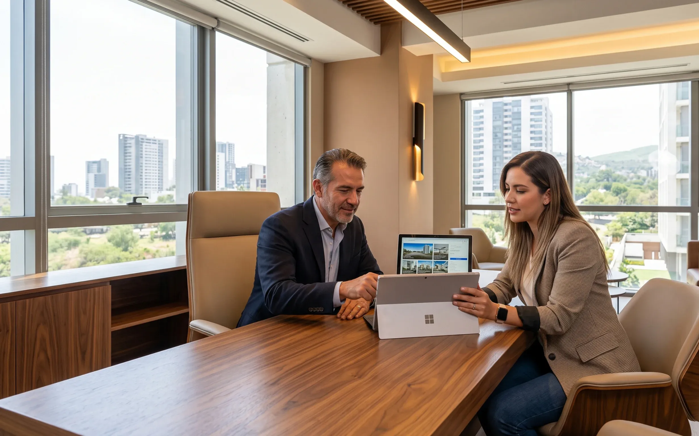 Cliente y experto de RBA Residences revisando el proyecto de una casa de lujo en una tablet dentro de la oficina de diseño.