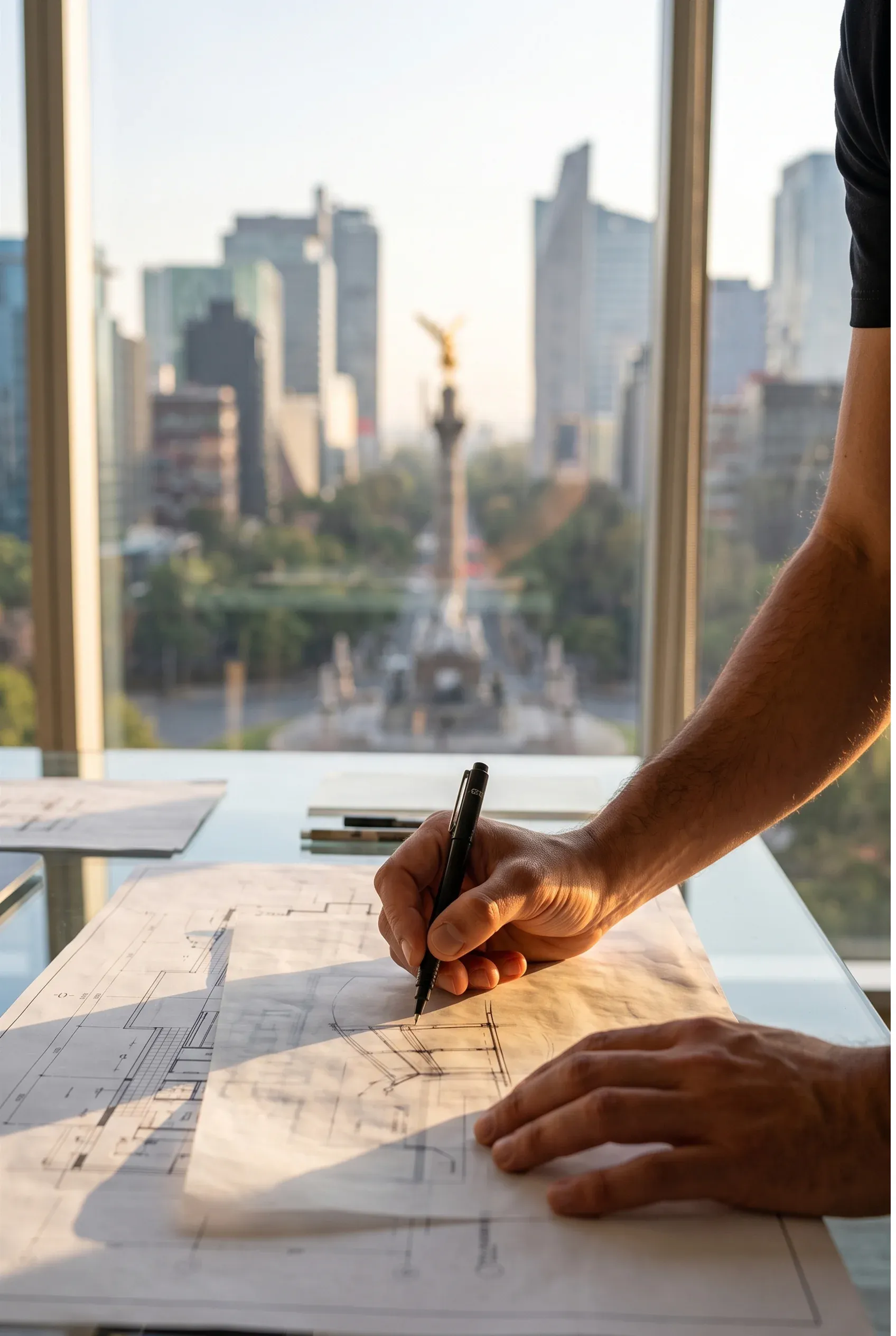 Planos arquitectónicos sobre una mesa de dibujo con vista panorámica de la ciudad a través de ventanales, diseño de RBA Residences en Guadalajara.