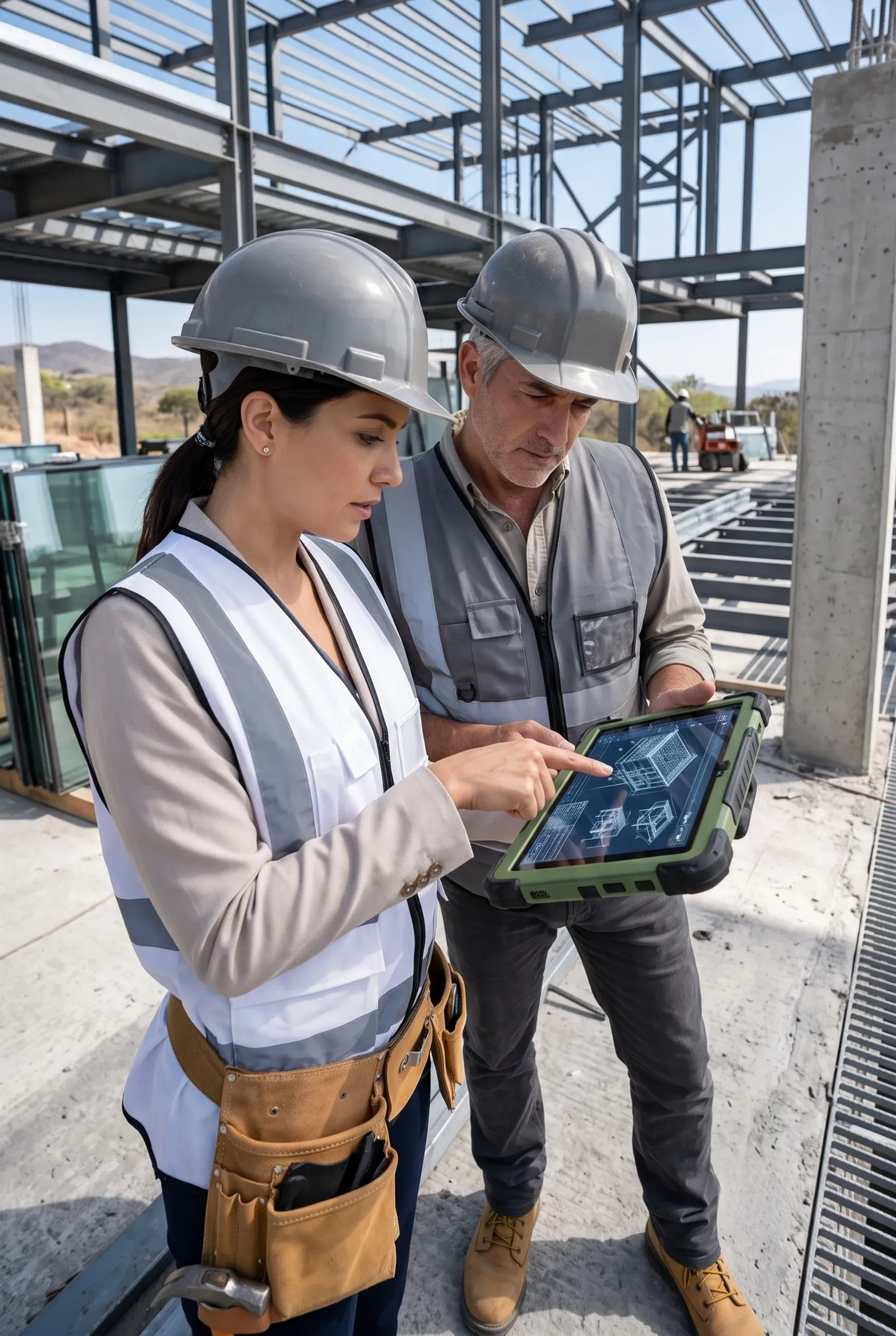 Dos profesionales de la construcción revisando planos digitales en un sitio de obra activo, supervisión técnica de RBA Residences en Zapopan.