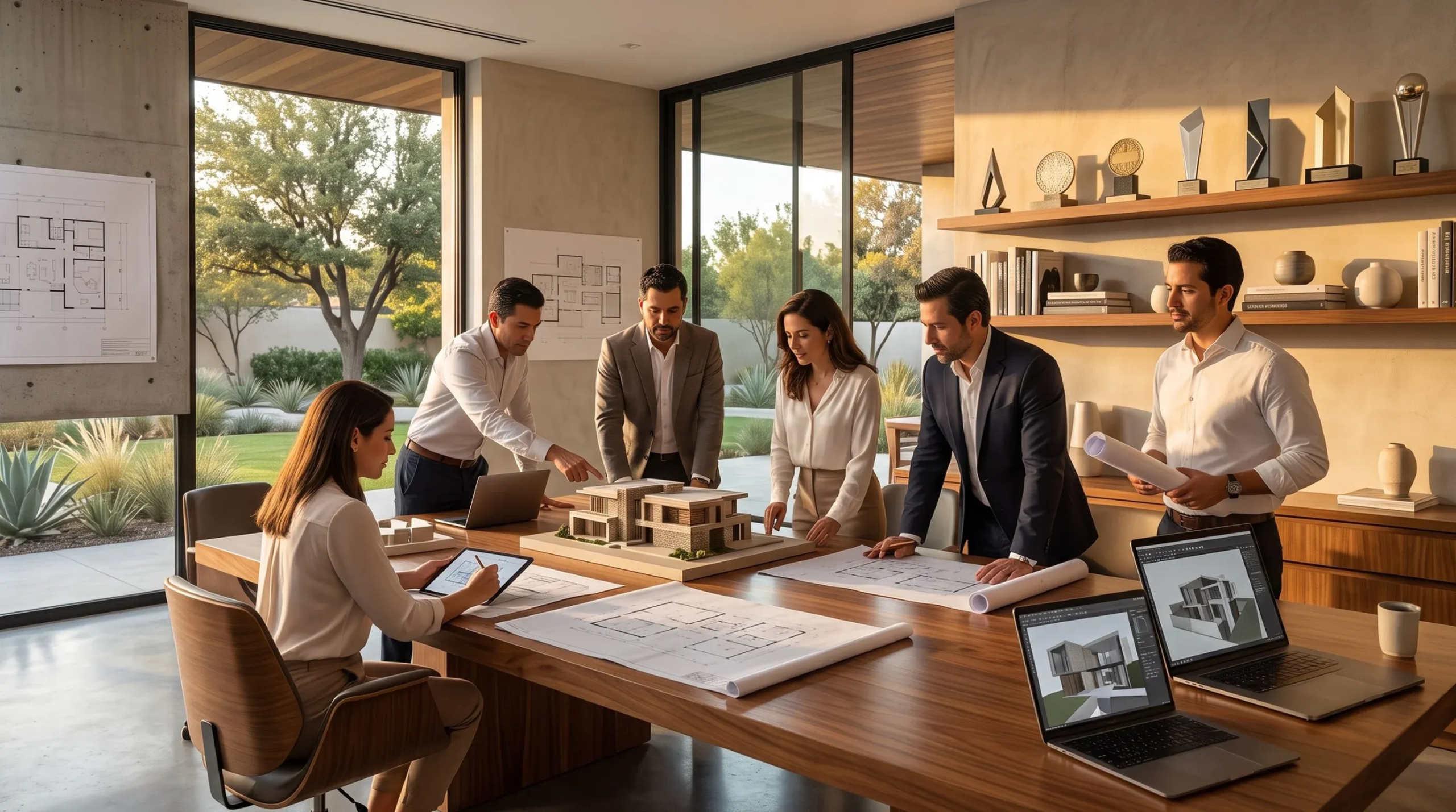 Equipo de arquitectura de RBA Residences colaborando en modelos de diseño y planos sobre una mesa en una sala de conferencias, planificando estratégicamente residencias de lujo en Zapopan.