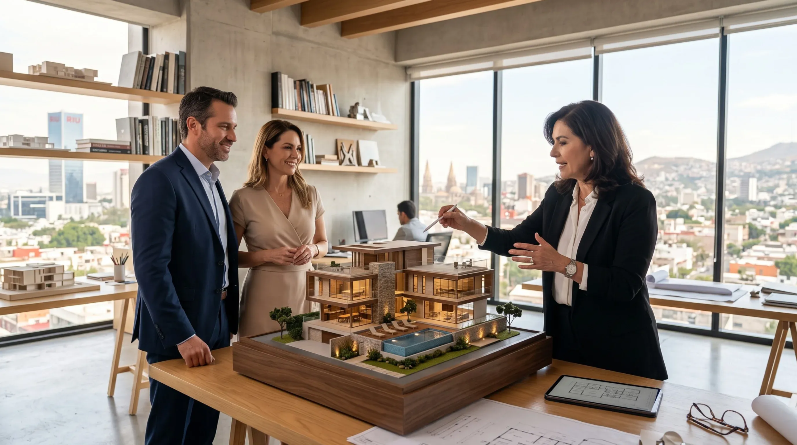 Arquitecta senior de RBA Residences explicando el proyecto de una nueva casa a clientes frente a una maqueta 3D detallada en la oficina, especialistas en diseño de residencias de lujo en Zapopan.