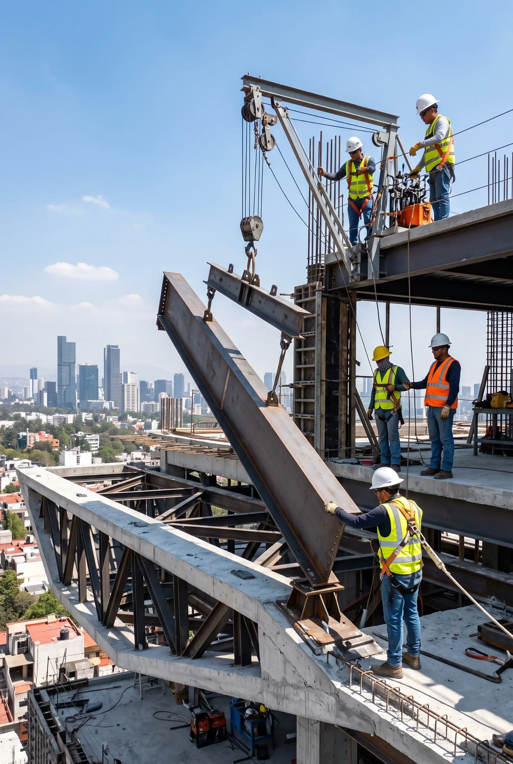 Trabajadores de la construcción usando un polipasto para posicionar una viga de acero en una estructura con vista al horizonte, proyecto de RBA Residences en Zapopan.