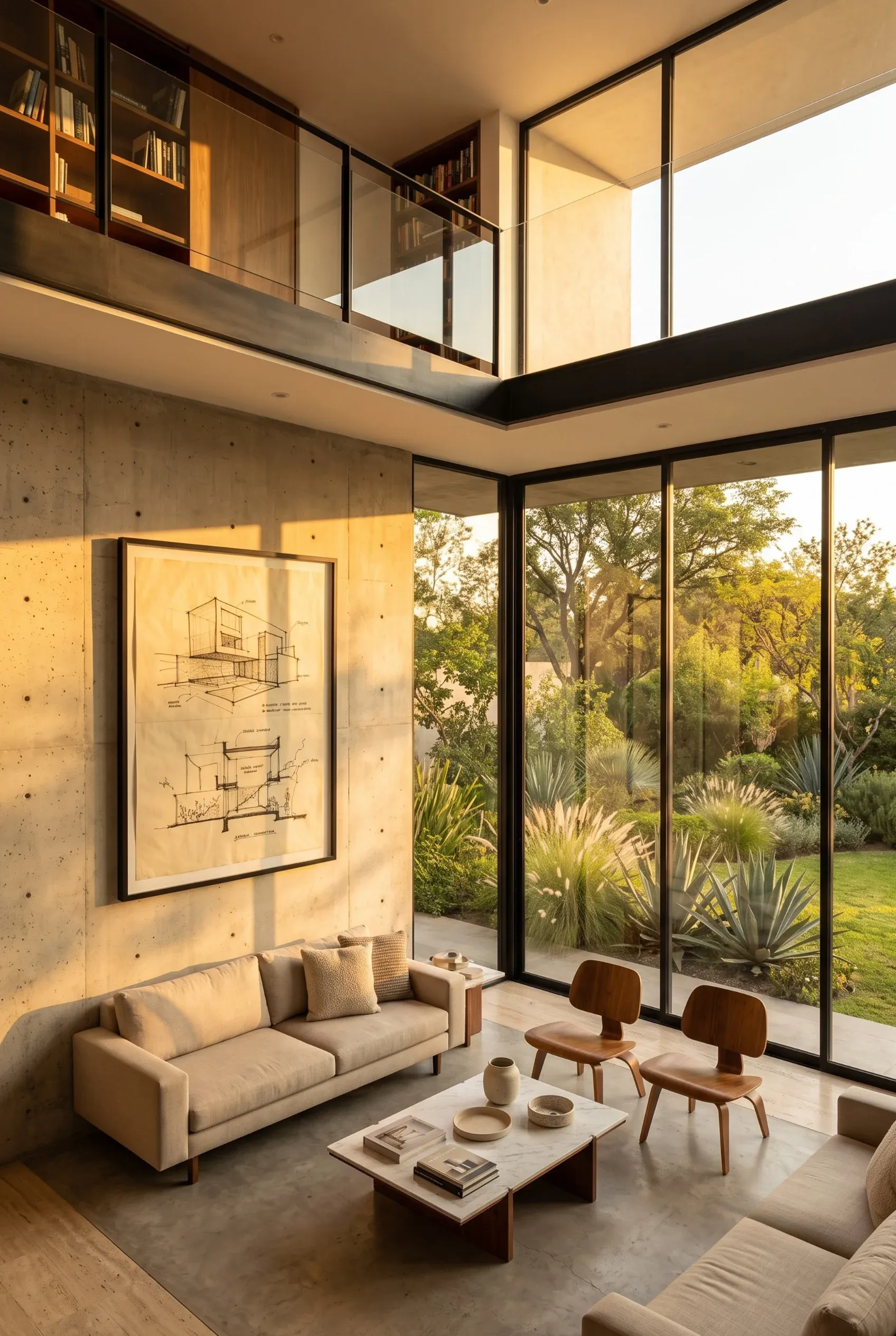 Sala de estar moderna de doble altura con ventanales de piso a techo, muros de concreto expuesto y un entrepiso superior, diseño arquitectónico de RBA Residences en Zapopan.