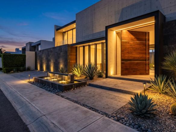 Entrada moderna de casa de lujo con gran puerta pivotante de madera, fuente de agua y jardinería desértica con iluminación, diseño de RBA Residences en Zapopan.